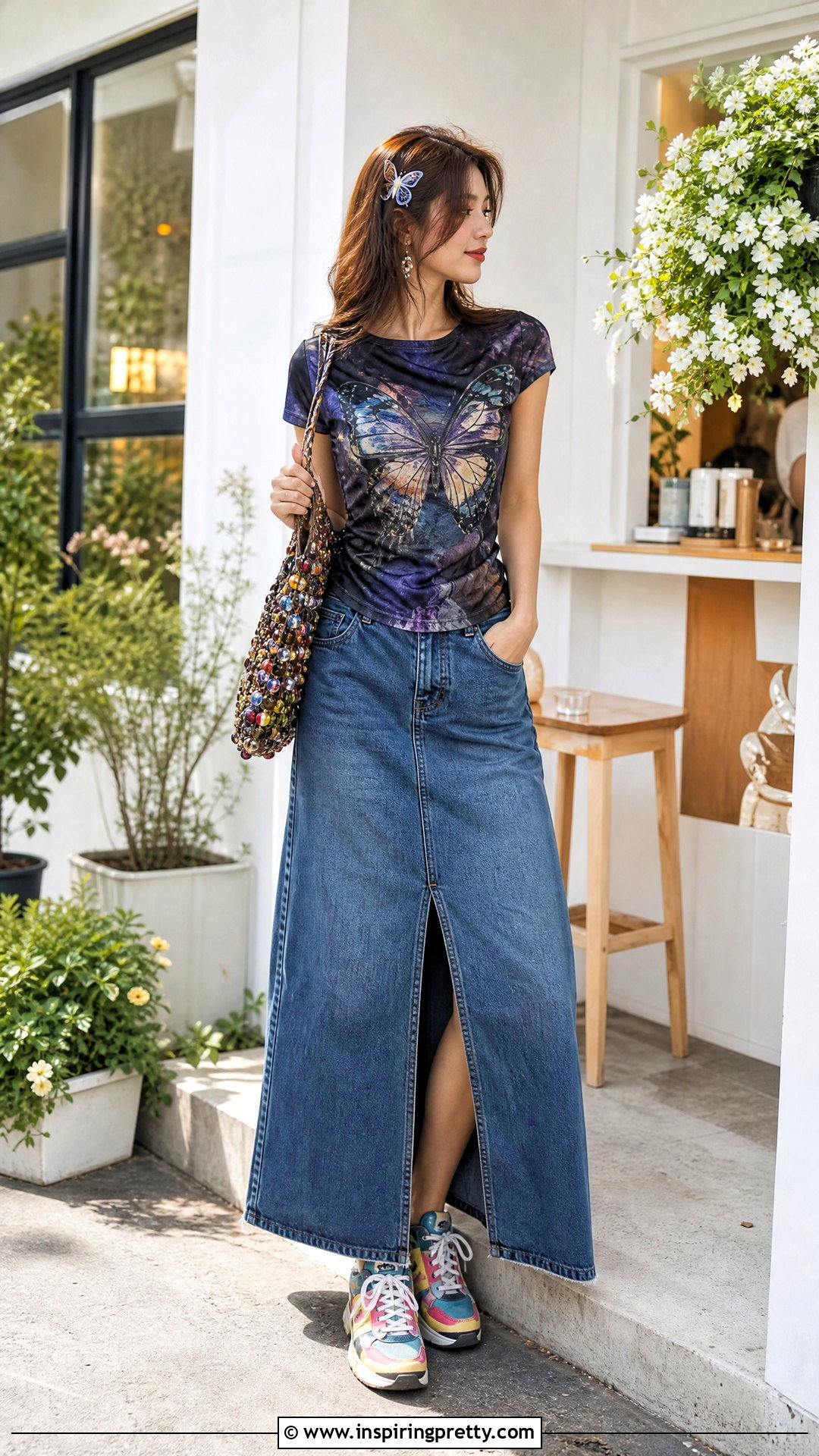 Butterfly Print Top With Denim Maxi Skirt - 50 whimsical tops outfit ideas