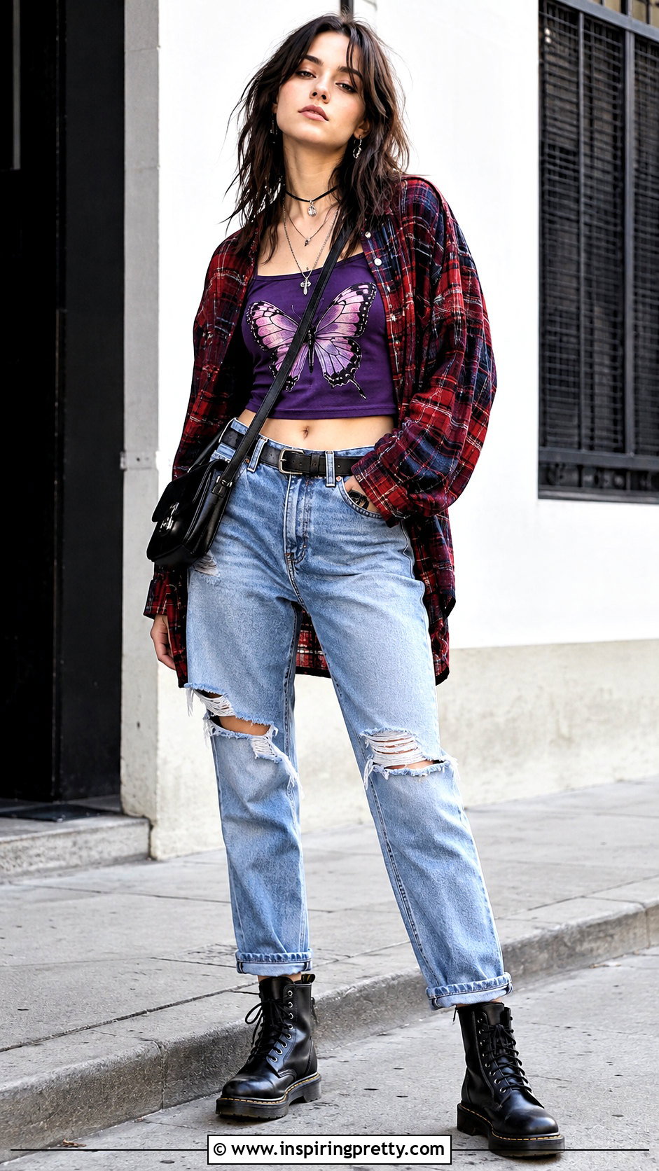 Butterfly Top With Distressed Jeans and Combat Boots - 25 Butterfly Top 90S outfit ideas