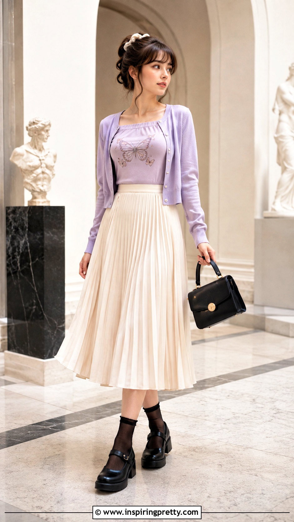 Butterfly Top With Pleated Midi Skirt and Mary Jane Shoes - 25 Butterfly Top 90S outfit ideas