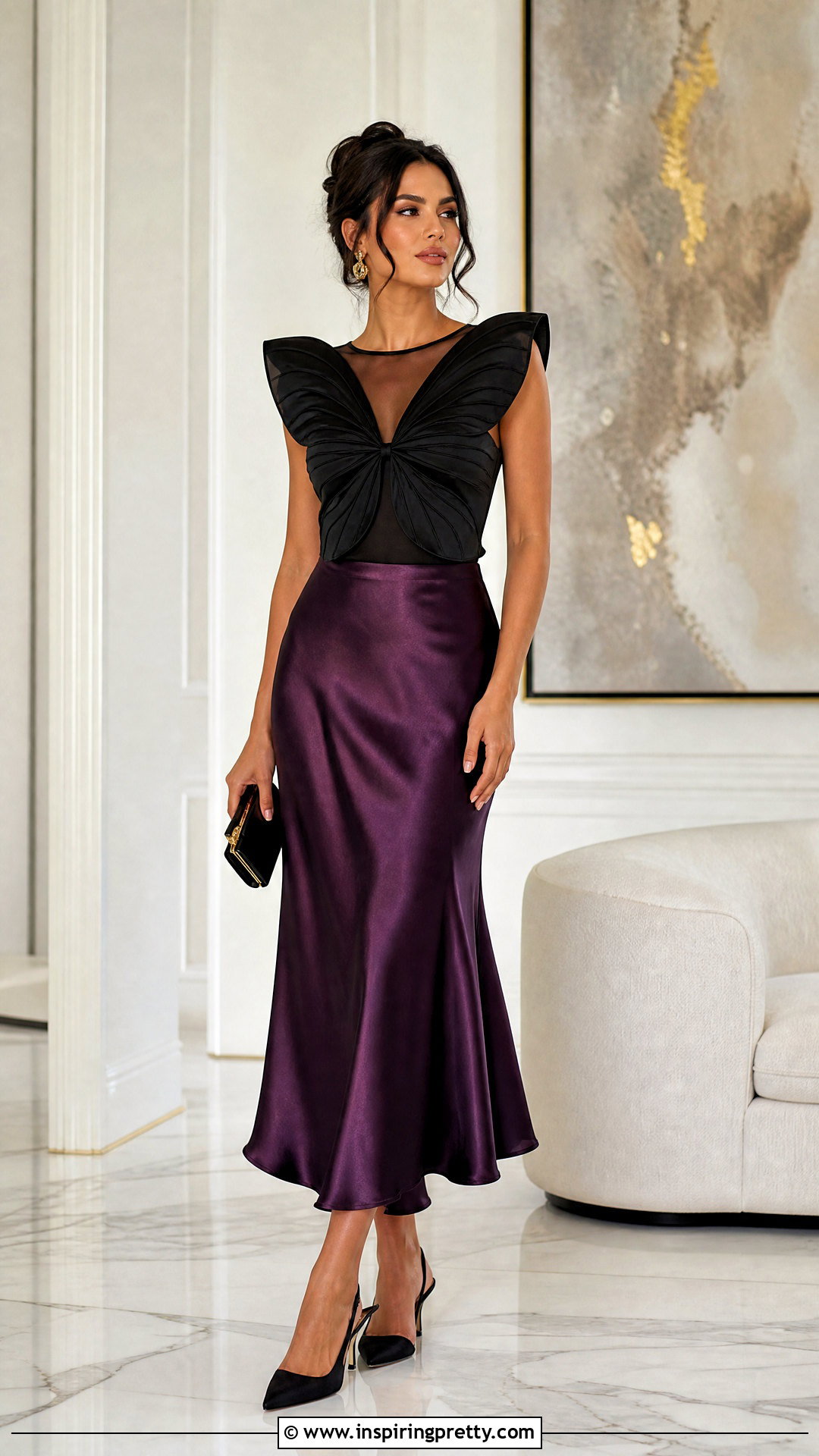 Butterfly Top With Satin Midi Skirt - 50 butterfly tops outfit ideas