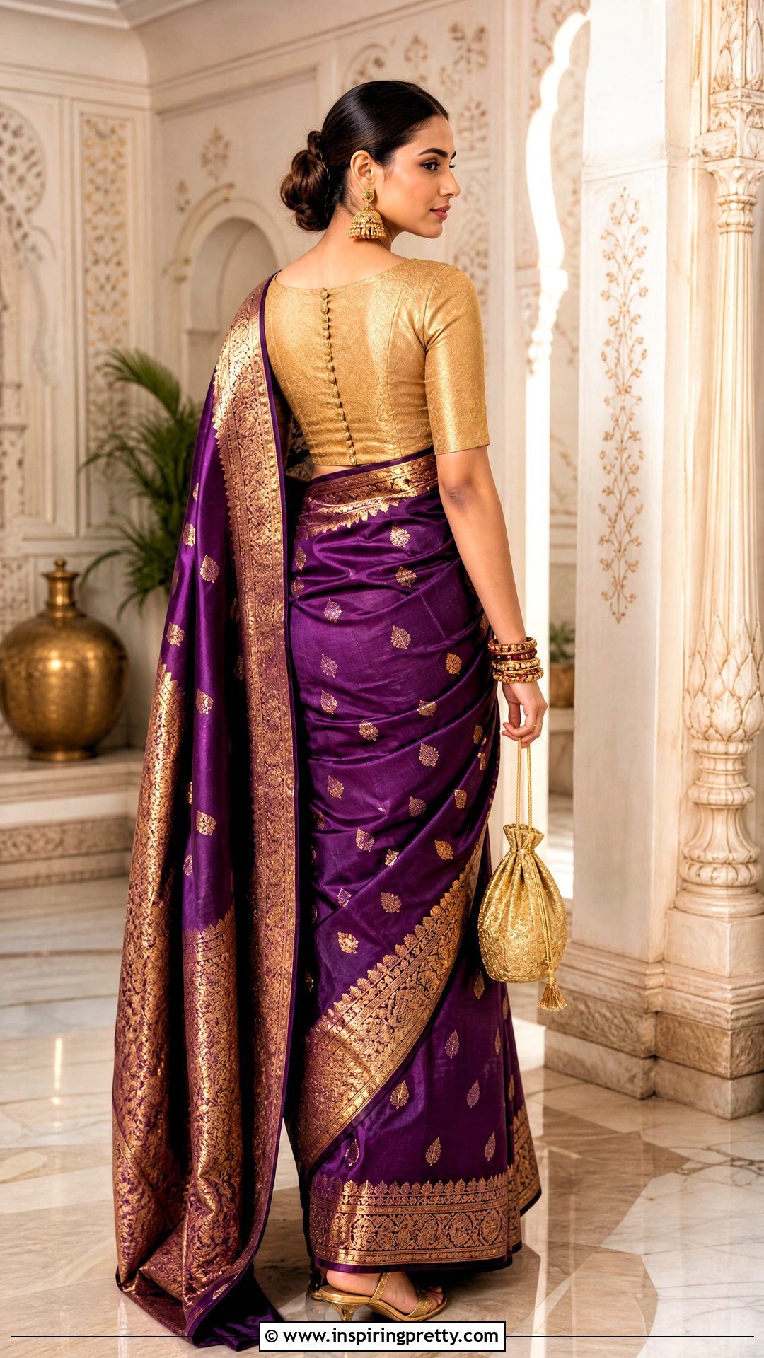 Button Back Brocade Top With Kanjeevaram Saree - 50 brocade top designs