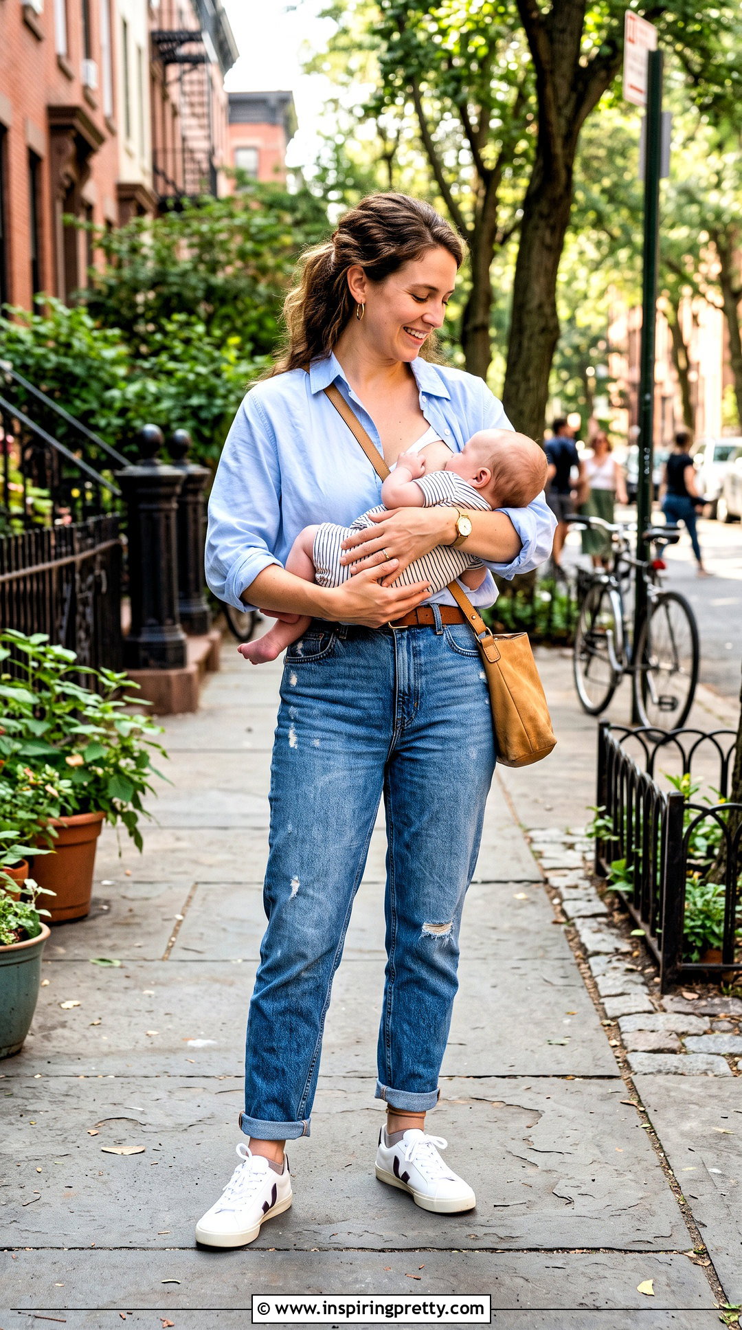 Button Down Breastfeeding Shirt With Mom Jeans - 20 Cute Breastfeeding Tops outfit ideas