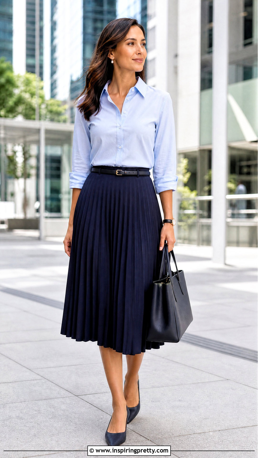 Button Down Shirt And Pleated Midi Skirt Outfit - 50 skirt top outfit ideas