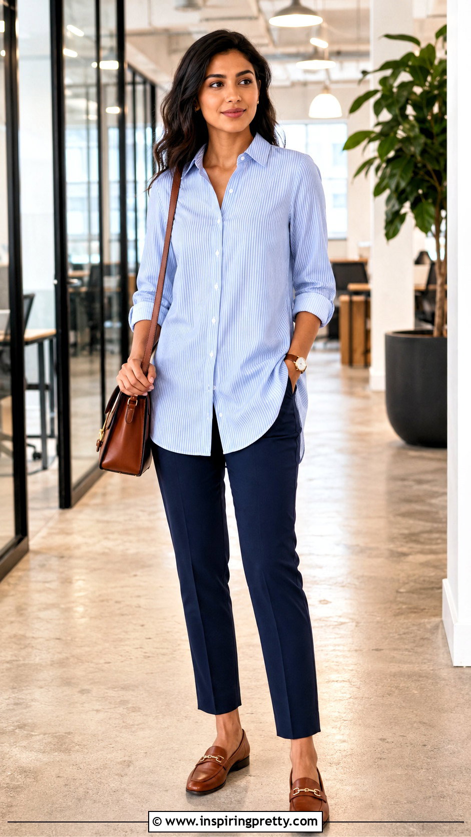 Button Down Tunic Top With Navy Ankle Pants - 20 business casual tunic tops outfit ideas
