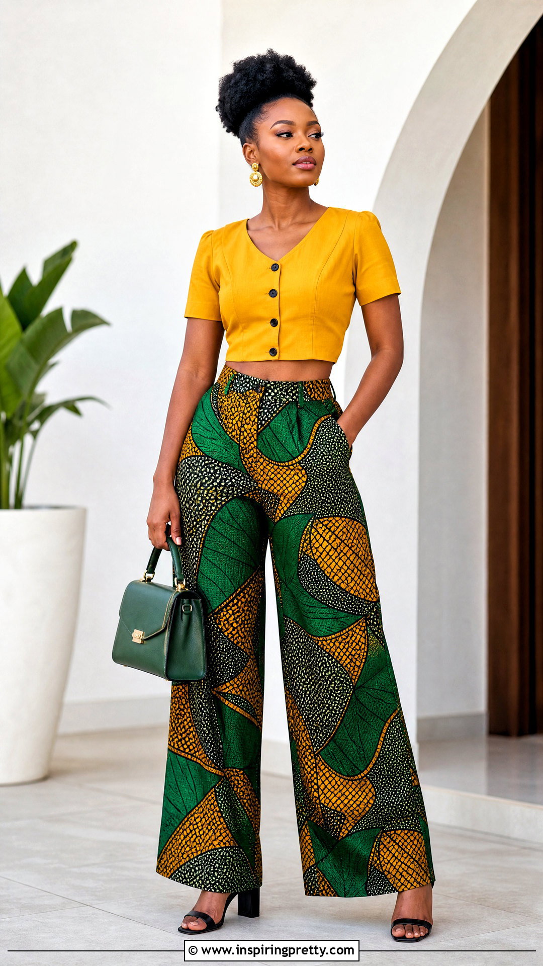 Button Front Crop Top With Ankara Palazzo Trousers - 50 Ankara Palazzo Trouser And Crop Top outfit ideas
