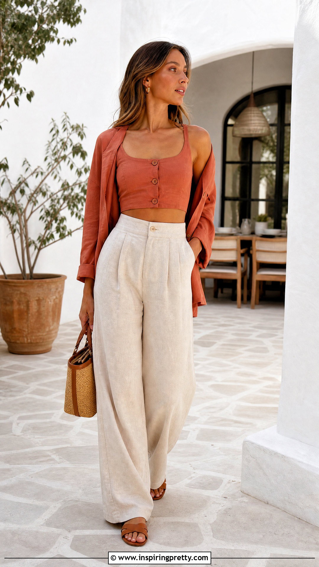 Button Front Crop Top With Linen Pants - 50 crop top styles