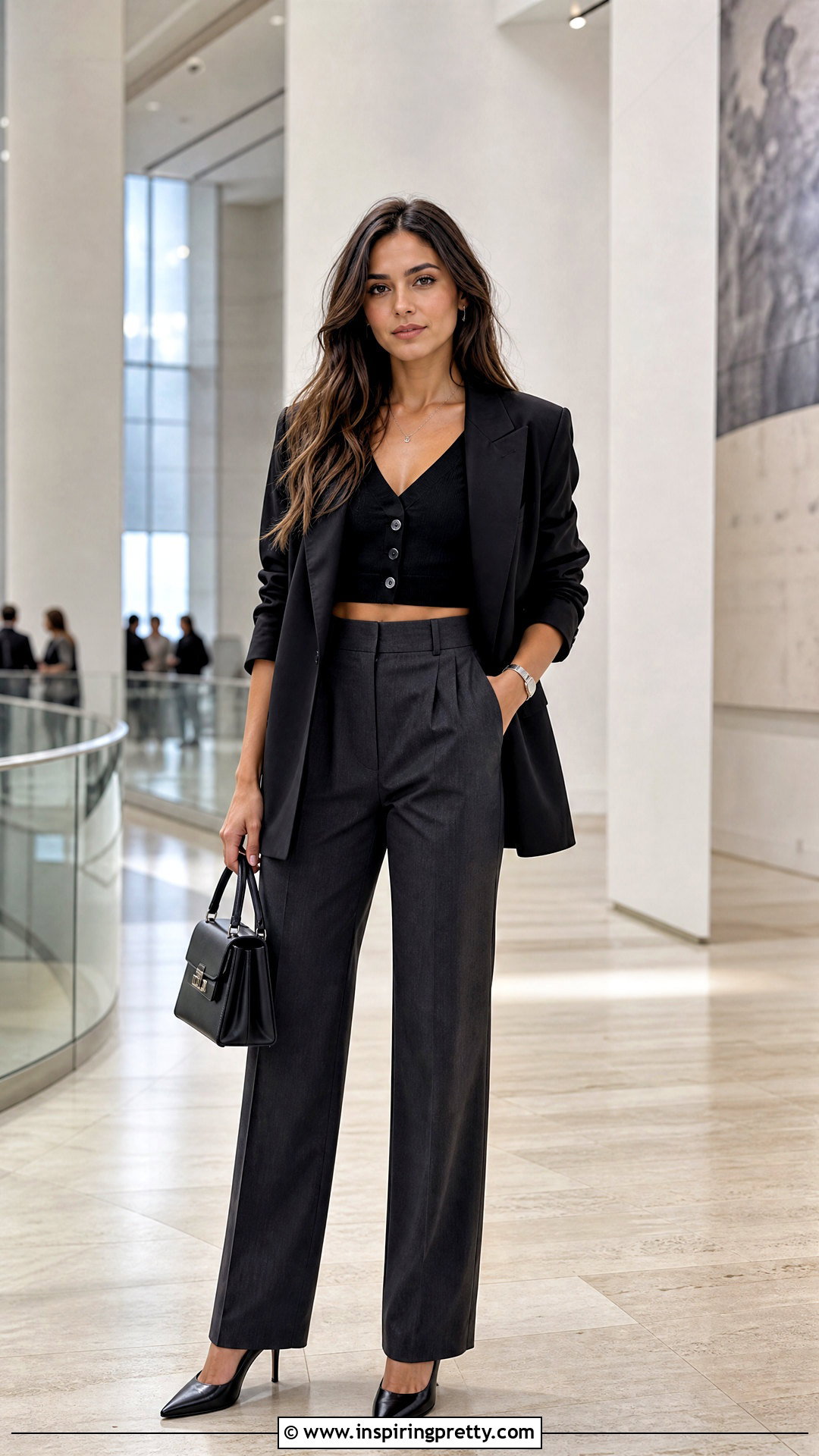 Button Front Crop Top With Oversized Blazer And Trousers - 25 Button Front Crop Top outfit ideas