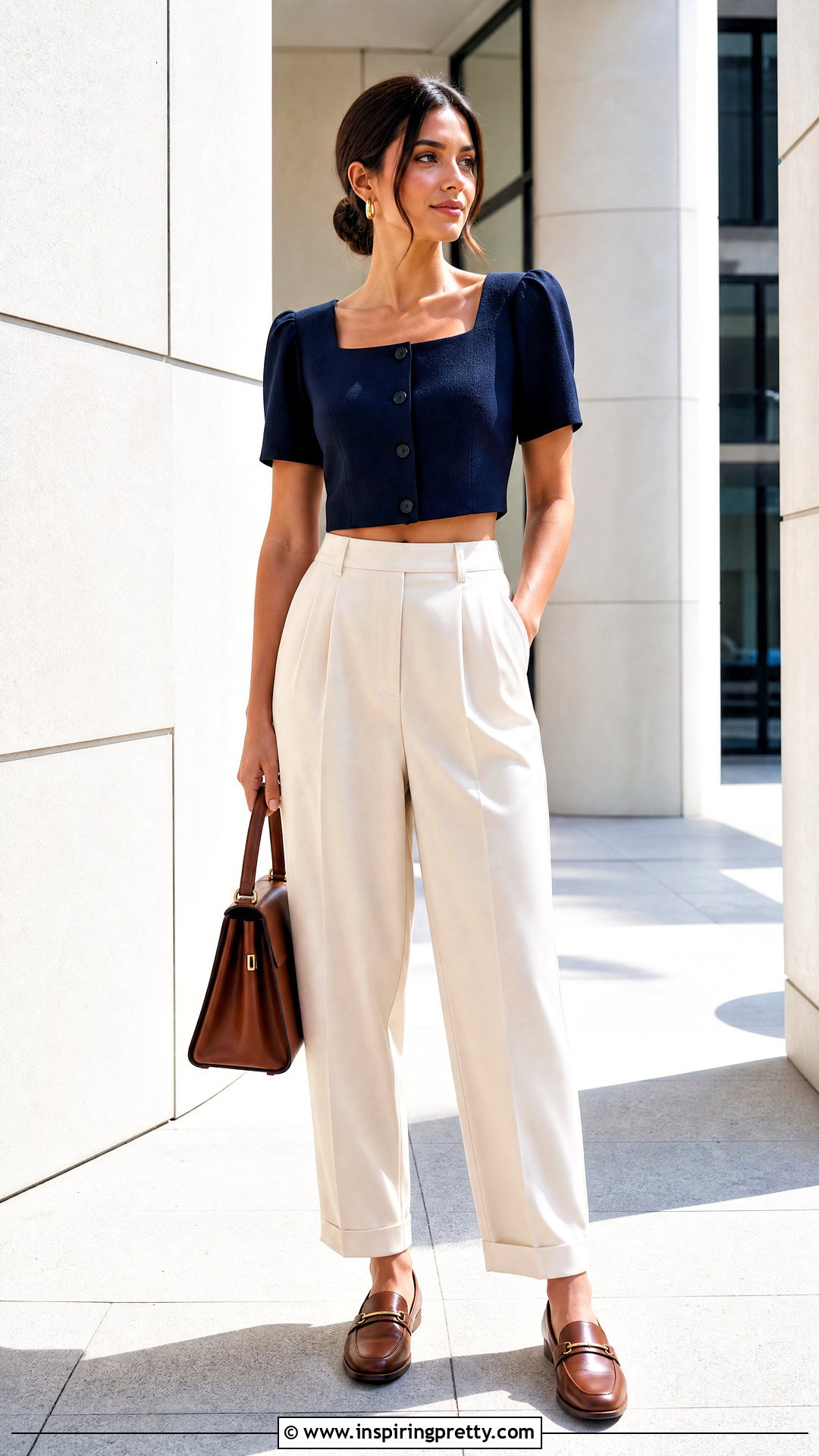 Button Front Crop Top With Pleated Pants - 50 cool crop tops outfit ideas