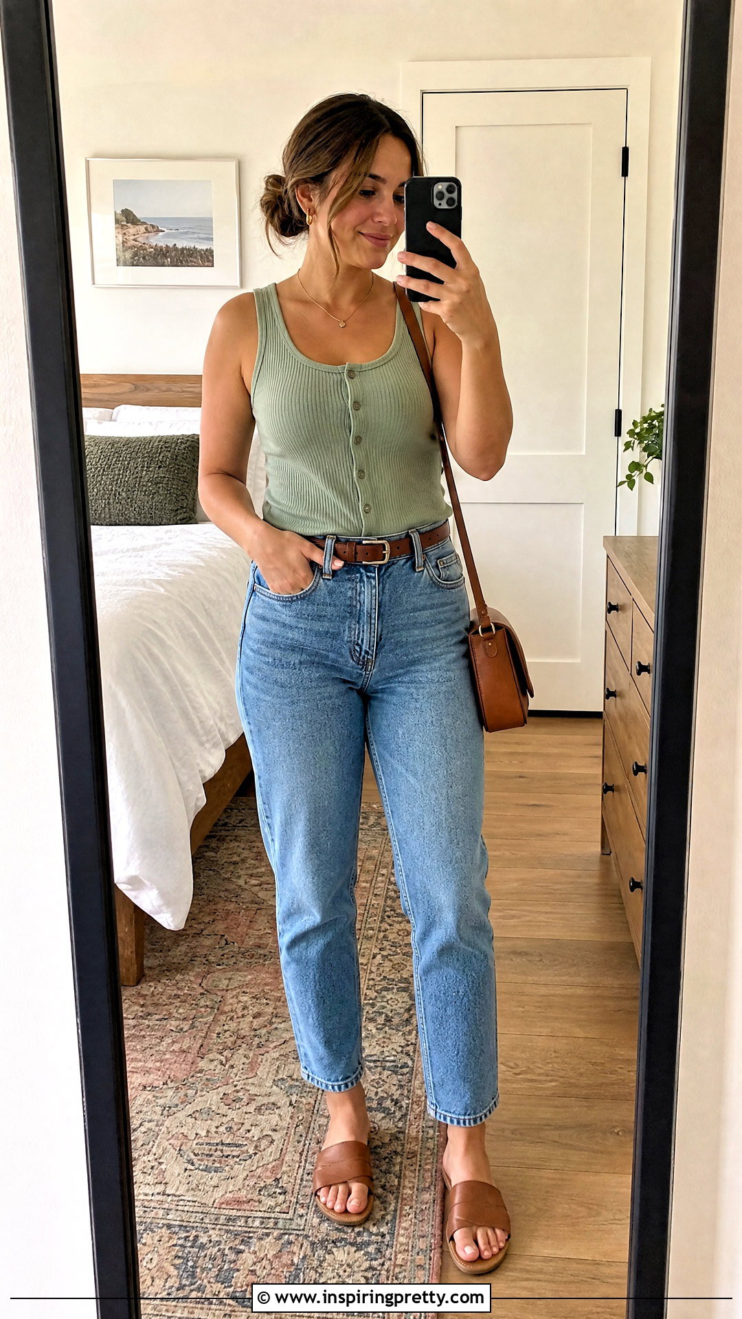 Button Front Tank Top With Mom Jeans - 50 selfie tank top outfit ideas