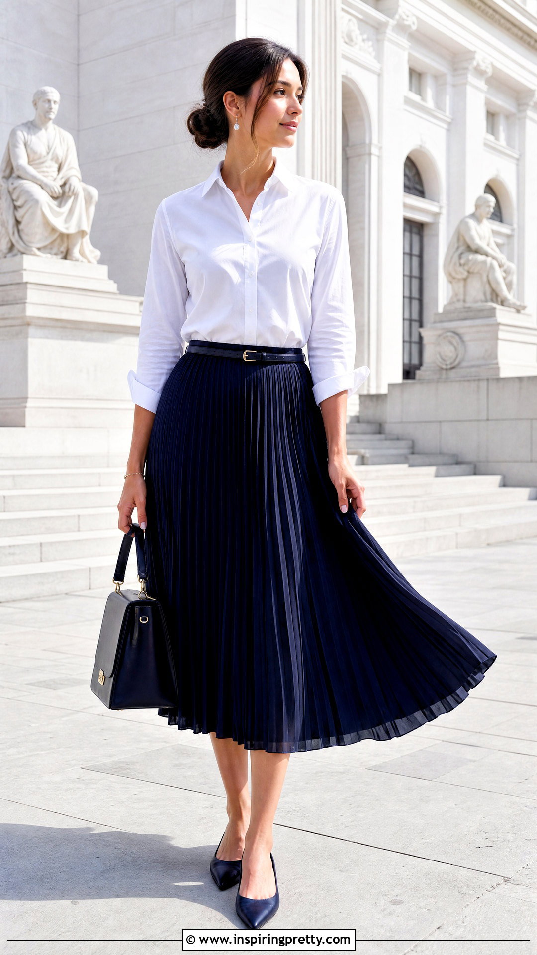 Button Up Top With Pleated Midi Skirt - 50 Button Up Top Outfit ideas