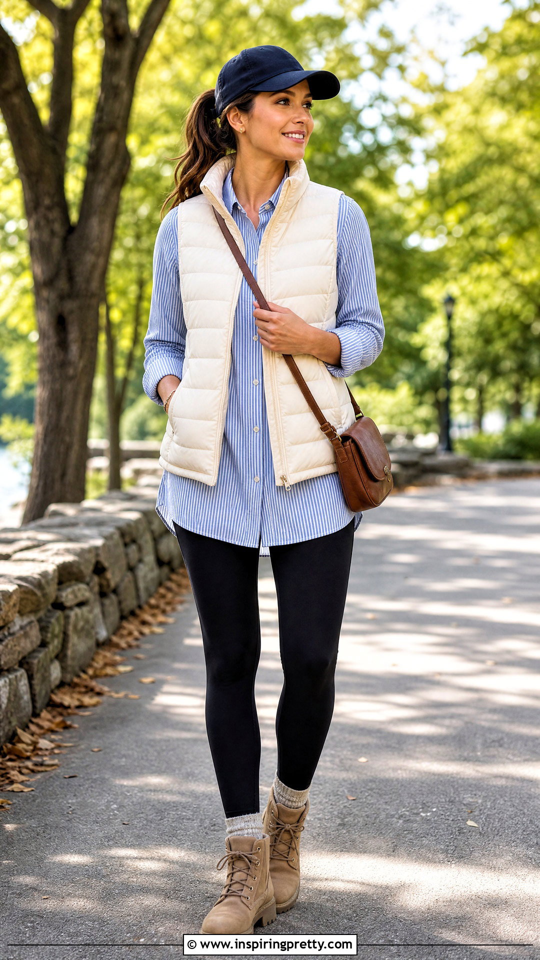Button Up Top With Puffer Vest And Leggings - 50 Button Up Top Outfit ideas