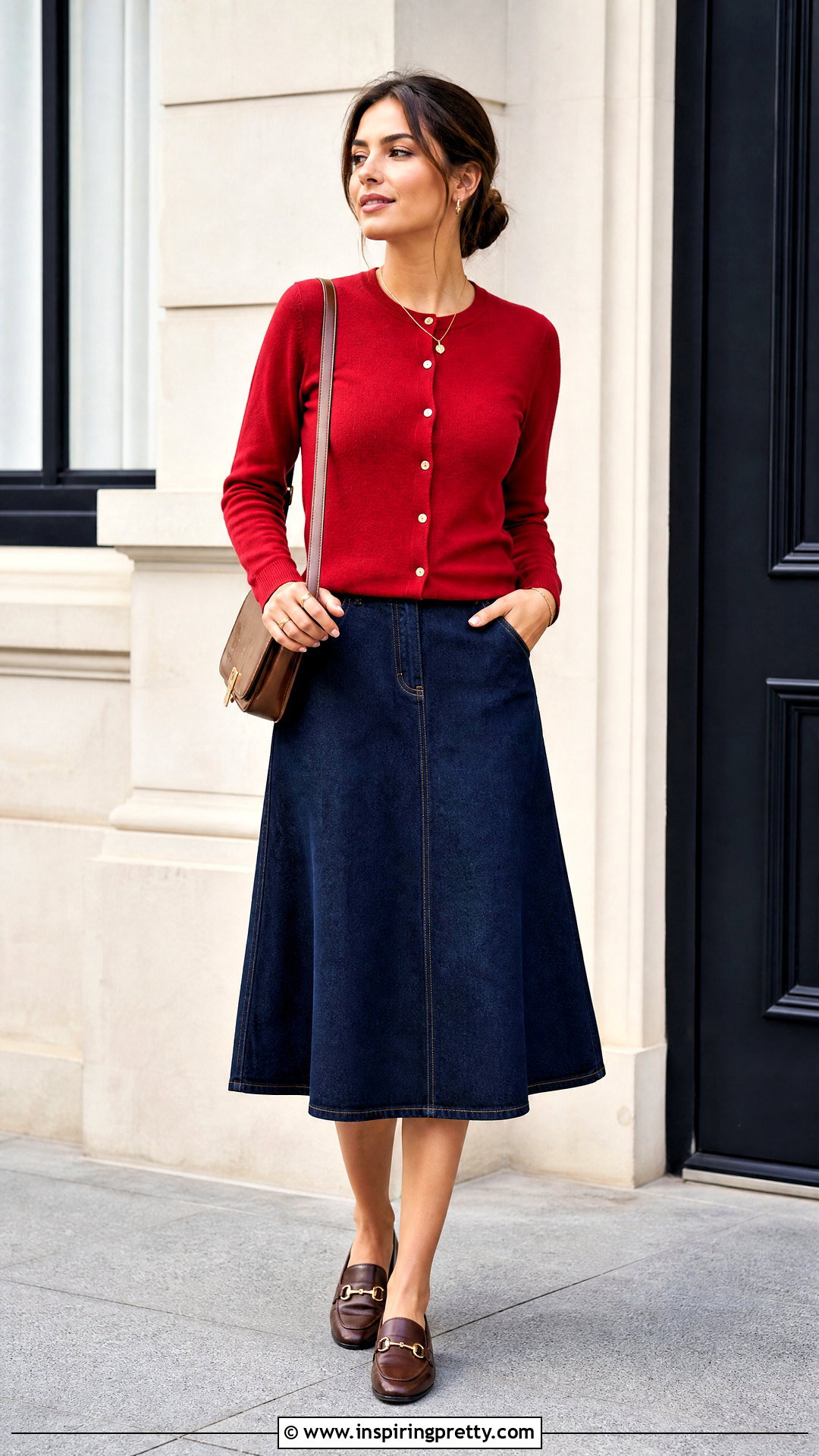 Buttoned Cardigan And Denim Skirt Outfit - 50 skirt and top outfit ideas