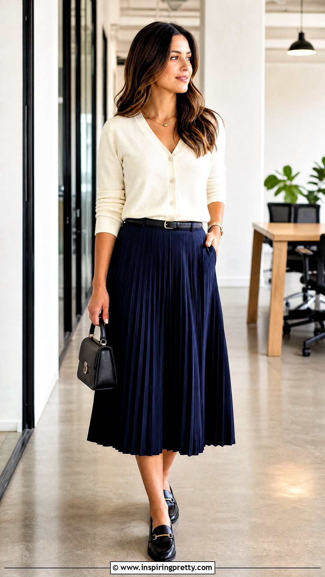 Buttoned Cardigan And Pleated Skirt Work Outfit - 20 Stylish Tops For Work Outfit Ideas