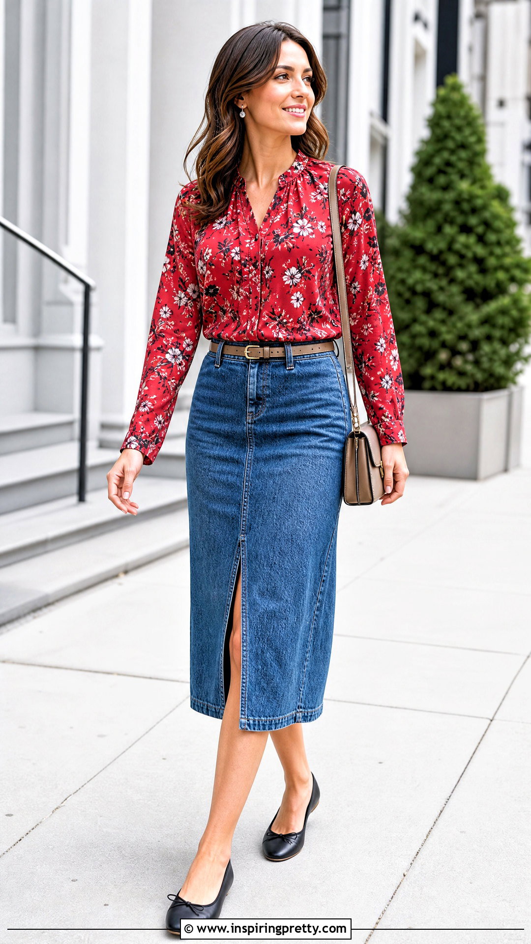 Cabi Red Floral Top With Denim Midi Skirt - 20 cabi red floral top outfit ideas