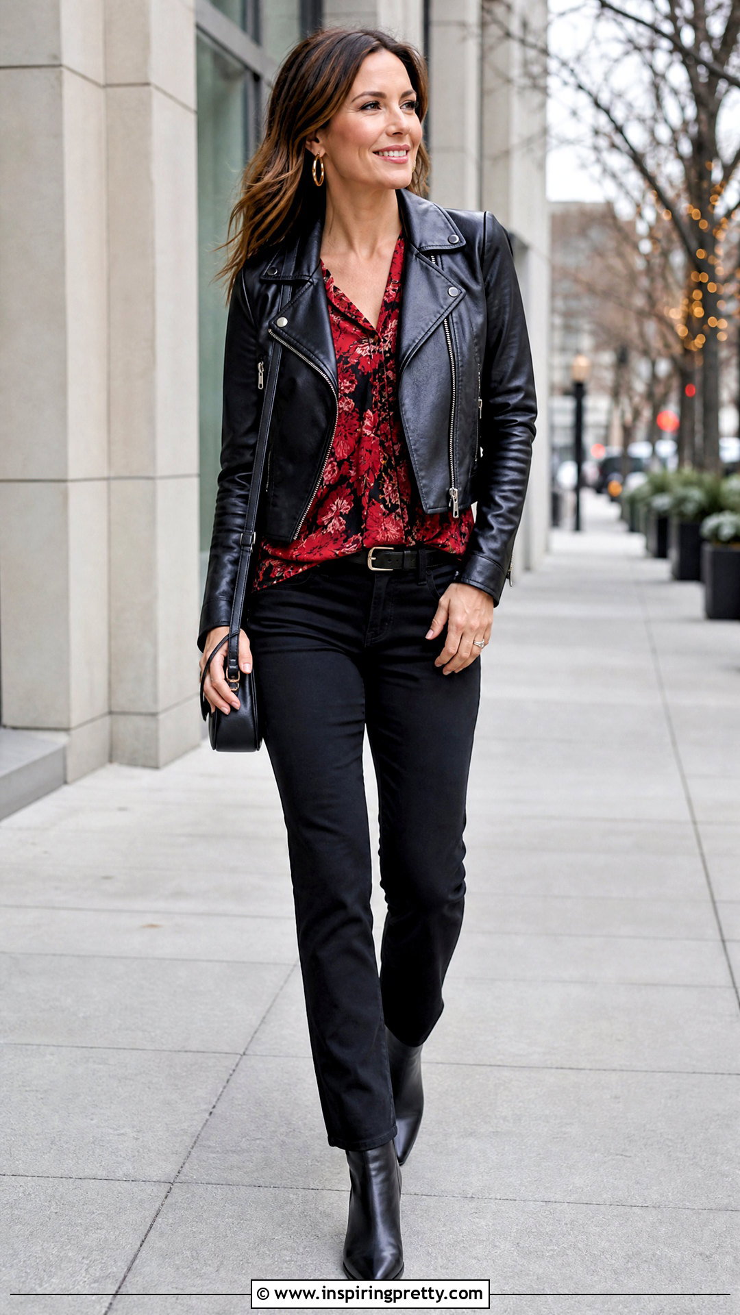 Cabi Red Floral Top With Leather Jacket And Black Jeans - 20 cabi red floral top outfit ideas