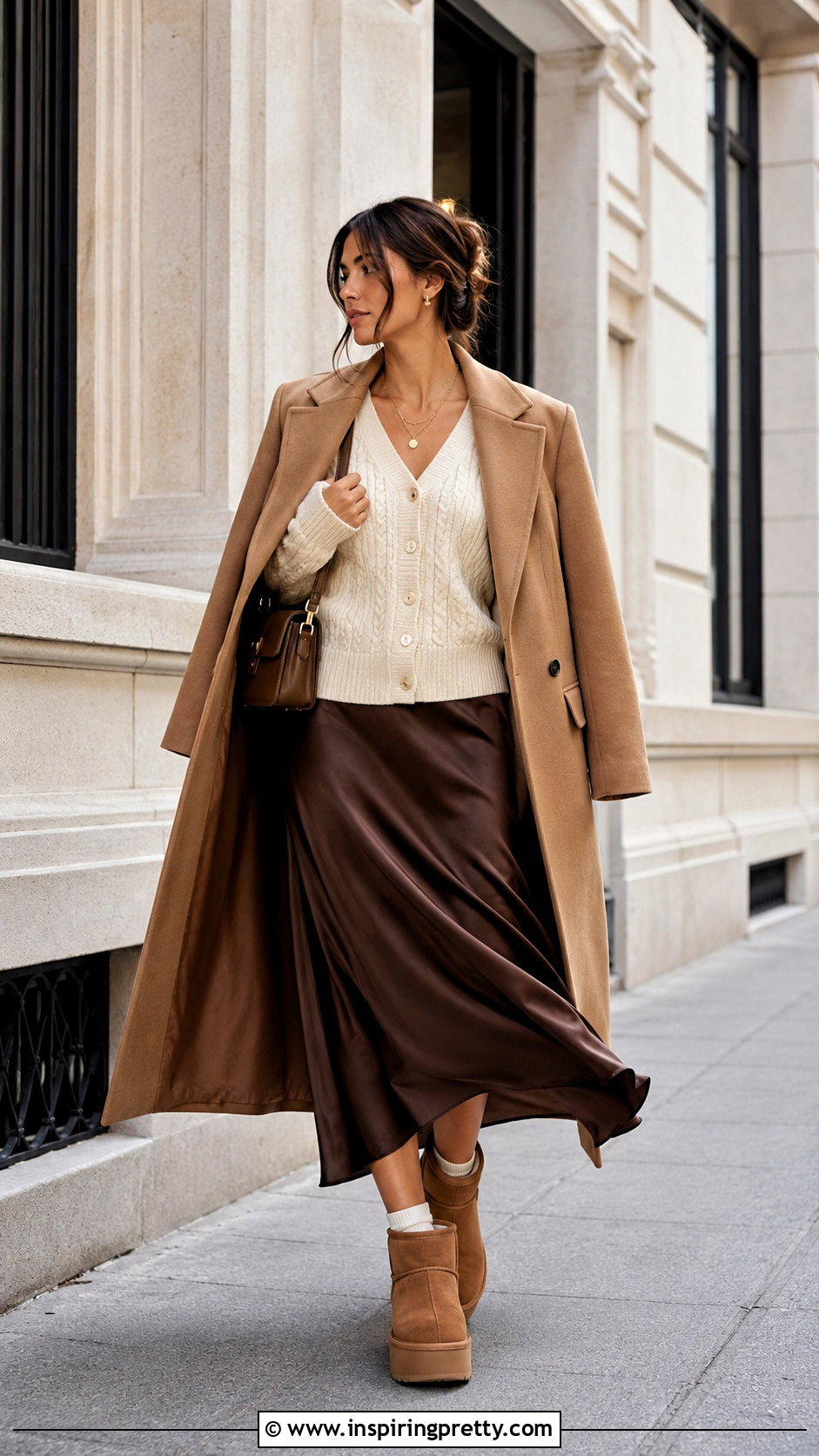 Cable Knit Cardigan With Satin Skirt And UGG Boots - 20 ugg tops outfit ideas