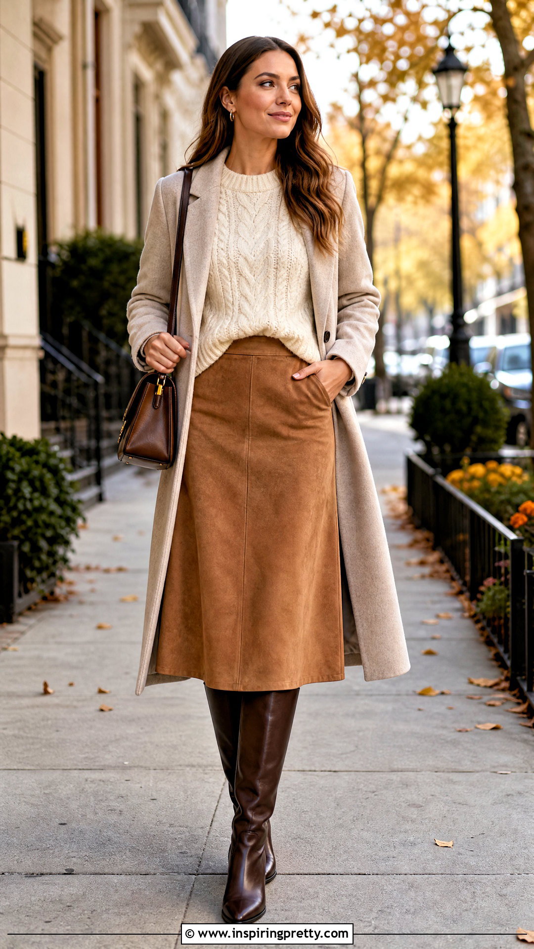 Cable Knit Sweater And Suede Midi Skirt Outfit - 50 skirt top outfit ideas