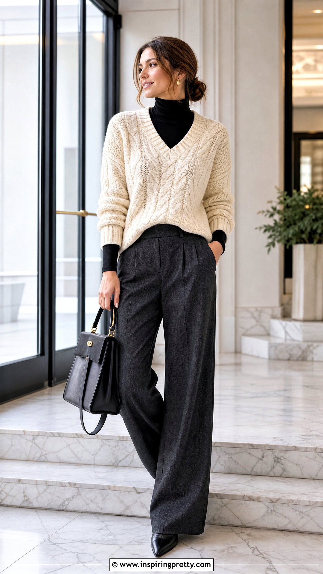 Cable Knit Sweater Over Turtleneck Outfit - 50 layered tops outfit ideas