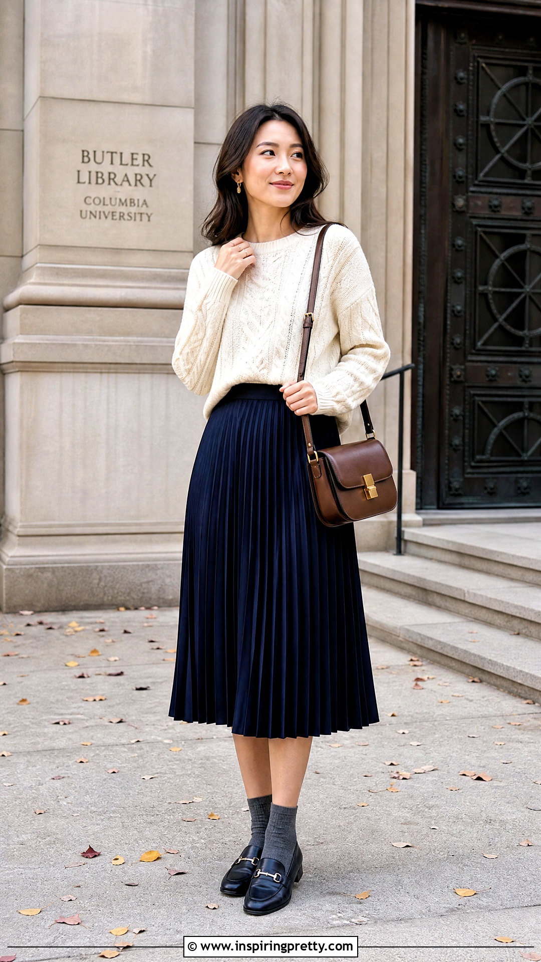 Cable Knit Sweater With Pleated Skirt - 50 preppy tops outfit ideas