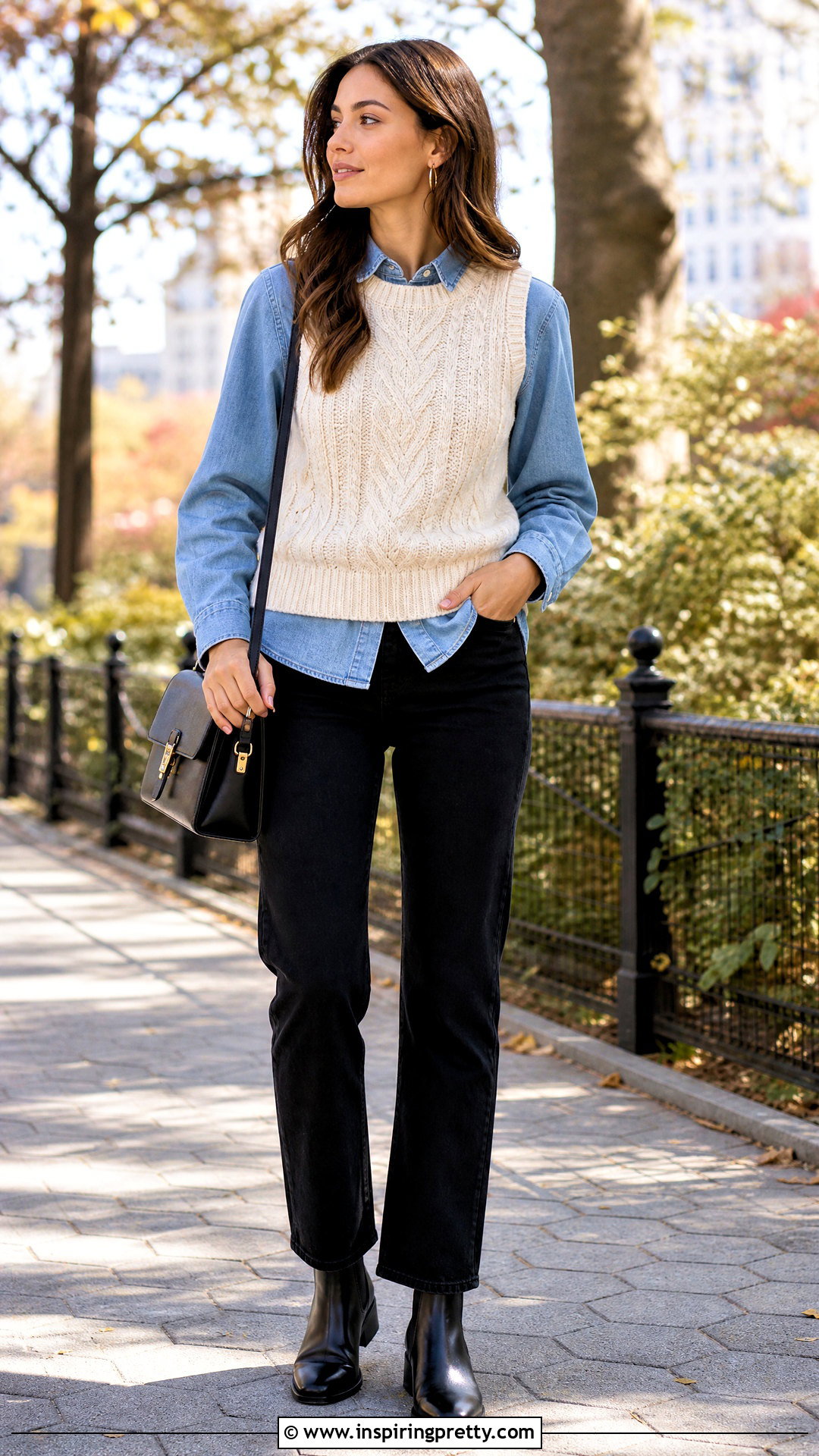 Cable Knit Tank Top Over Denim Shirt With Black Jeans - 50 tank top over shirt outfits