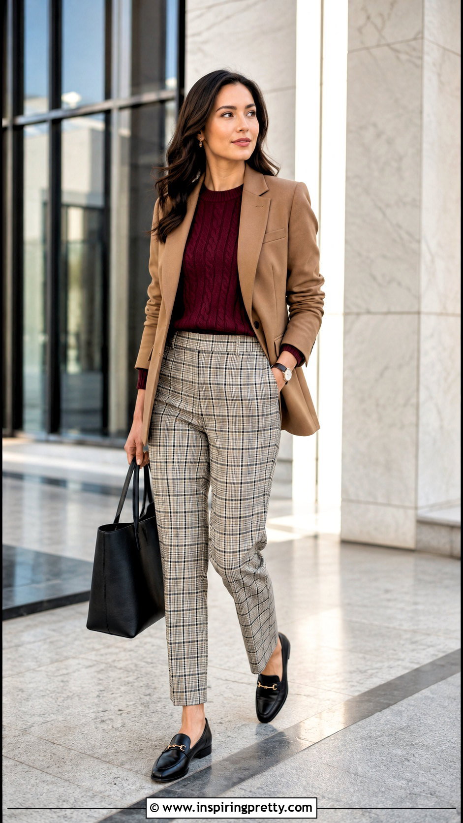 Cable and Gauge Crewneck Sweater With Plaid Trousers - 25 cable and gauge tops outfit ideas
