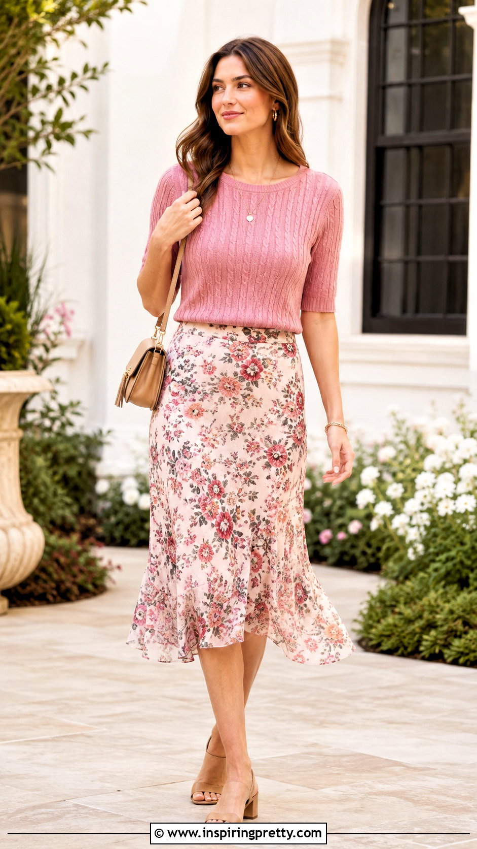Cable and Gauge Elbow Sleeve Sweater With Midi Skirt - 25 cable and gauge tops outfit ideas