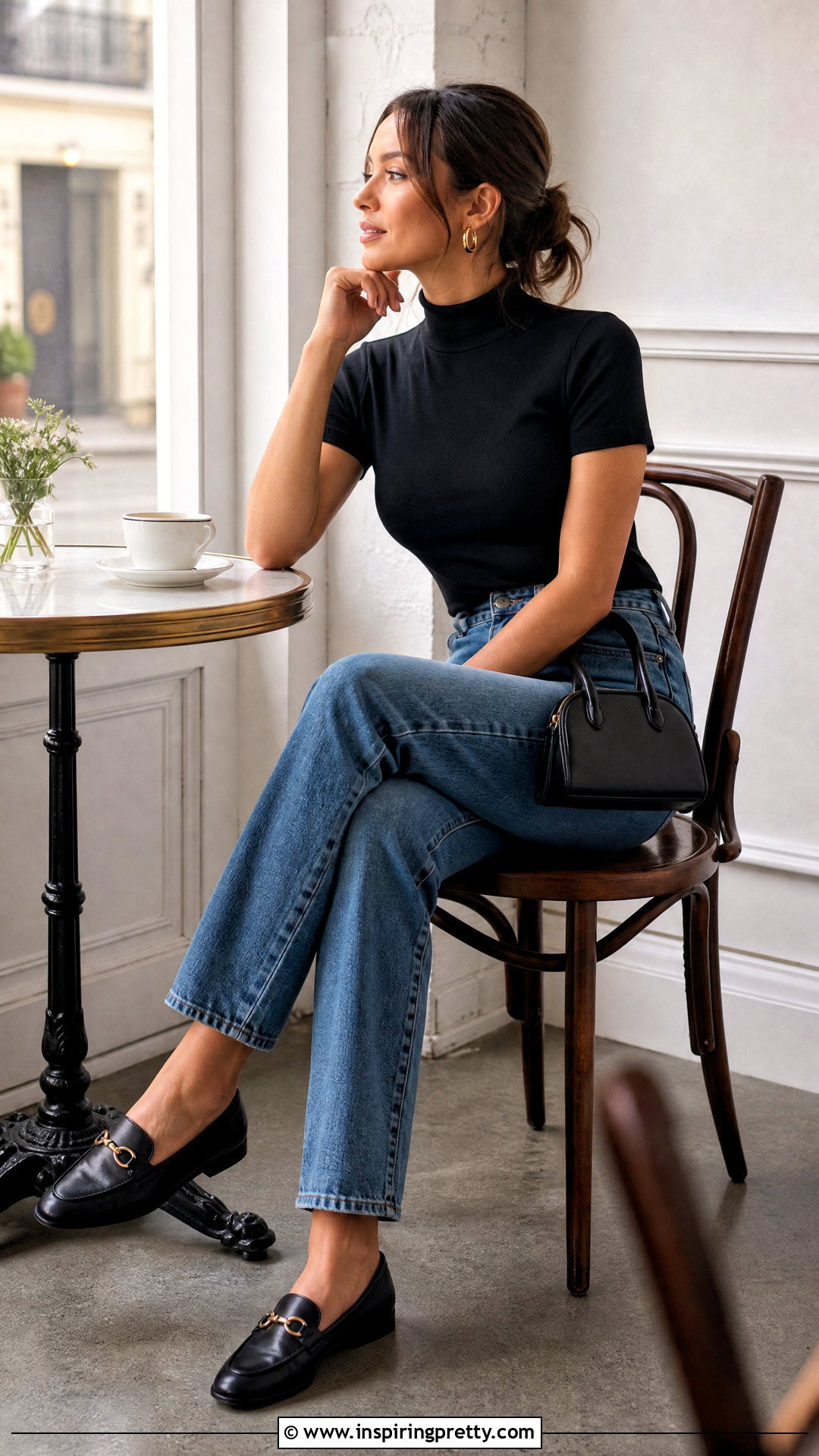 Cafe Chair Pose With Mock Neck Top And Straight Jeans - 50 Photo Poses In Jeans Tops