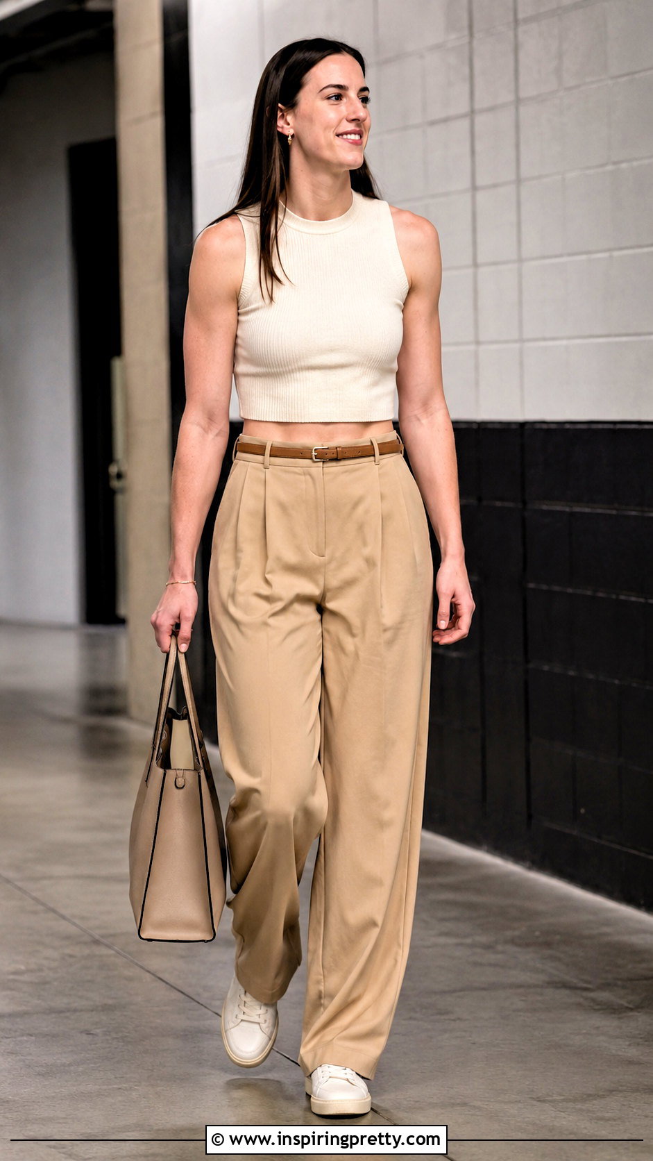 Caitlin Clark Cream Knit Crop Top And Tailored Pants - 20 caitlin clark crop top outfit ideas