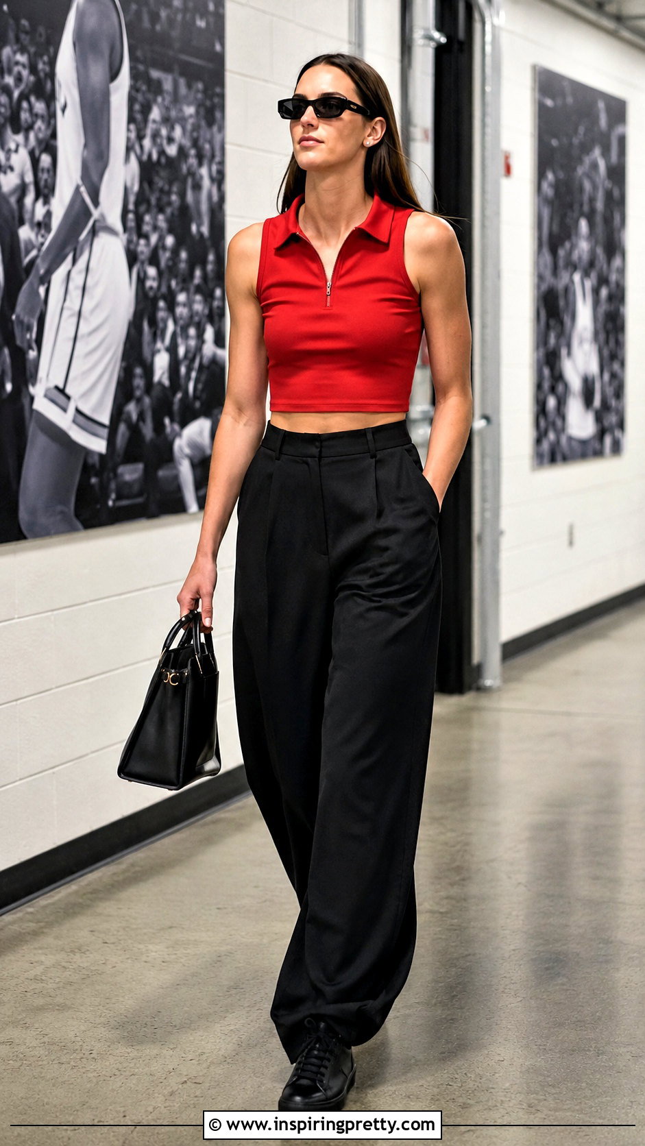 Caitlin Clark Red Cropped Polo And Black Trousers - 20 caitlin clark crop top outfit ideas