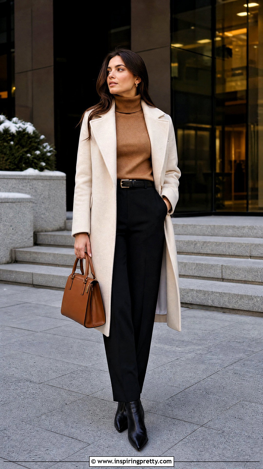 Camel Turtleneck And Black Trousers Outfit - 50 winter tops outfit ideas