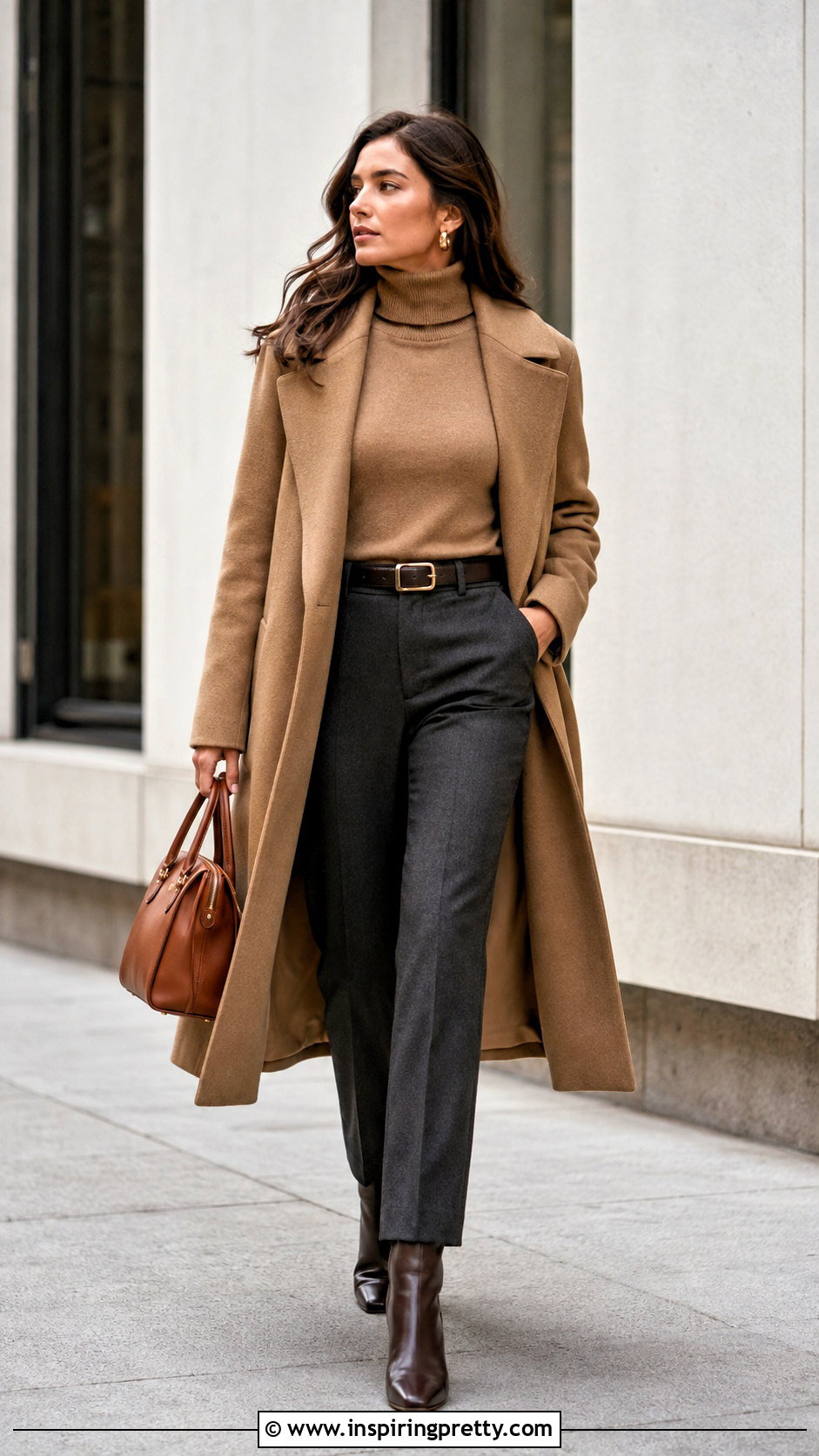 Camel Turtleneck With Grey Pants - what top goes with grey pants (20 ways)