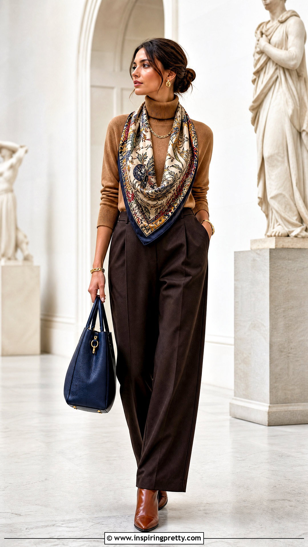 Camel Turtleneck With Printed Scarf Outfit - 50 top with scarf outfit ideas