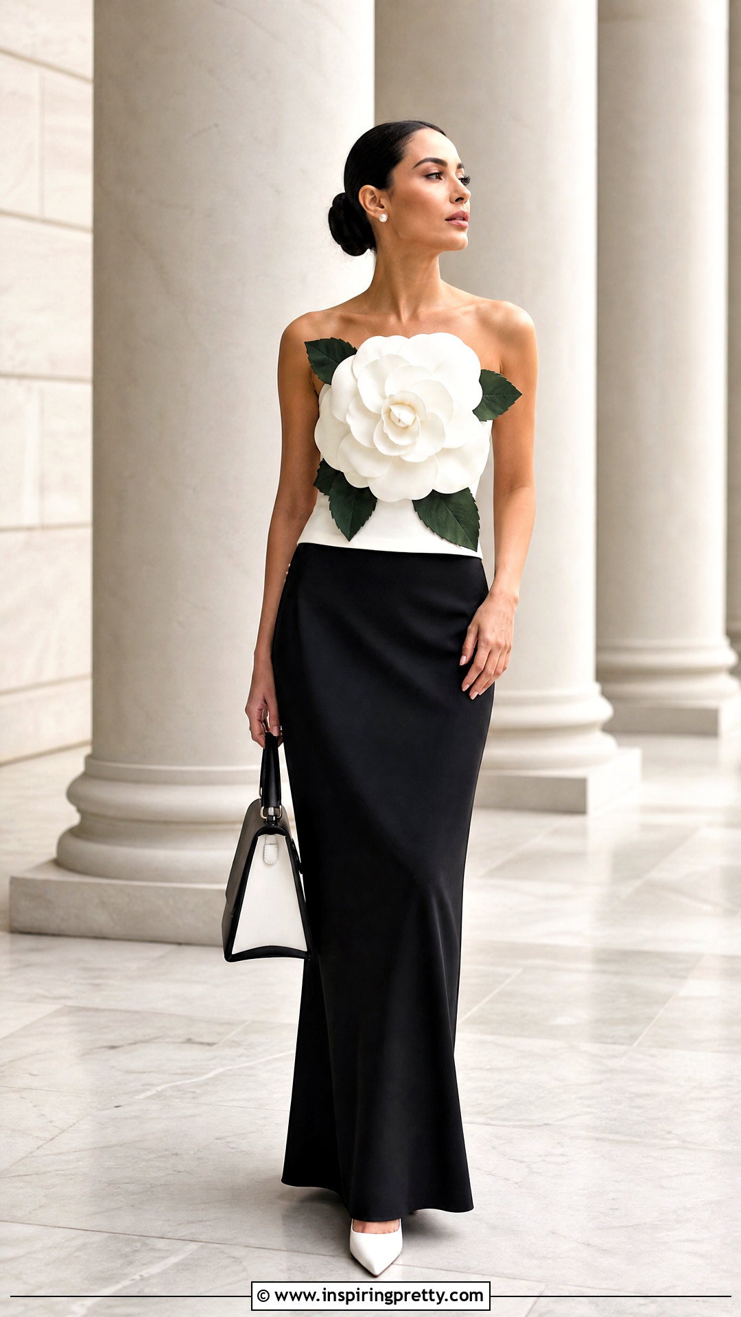 Camellia Flower Top With Black Maxi Skirt - 50 flower top photoshoot ideas