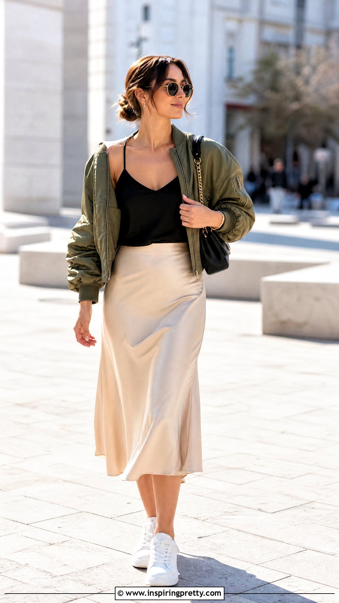 Cami Top With Bomber Jacket And Midi Skirt - 50 cami top outfit ideas