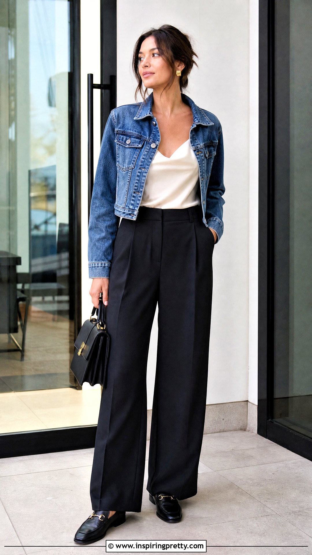 Cami Top With Denim Jacket And Trousers - 50 cami top outfit ideas
