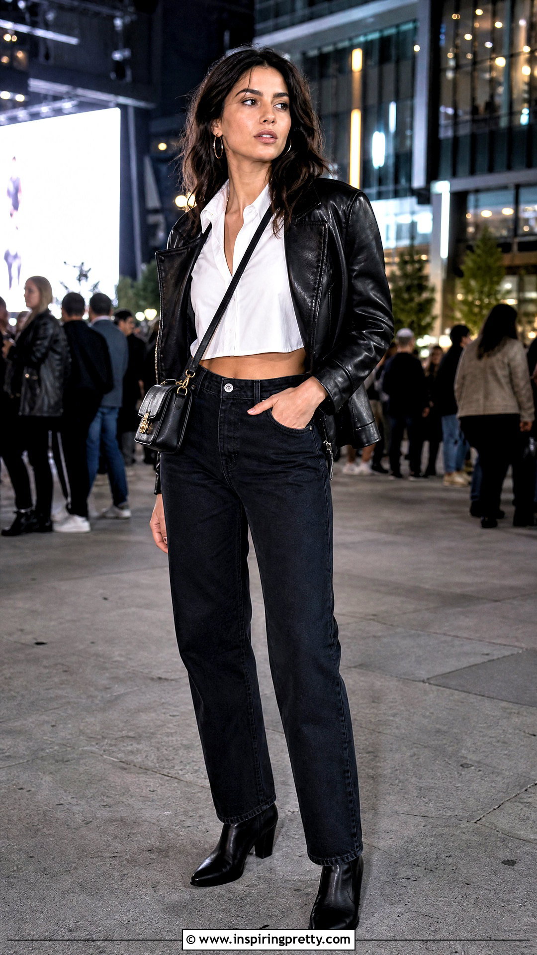 Camisa Crop Top With A Leather Jacket - 50 camisa crop top outfit ideas