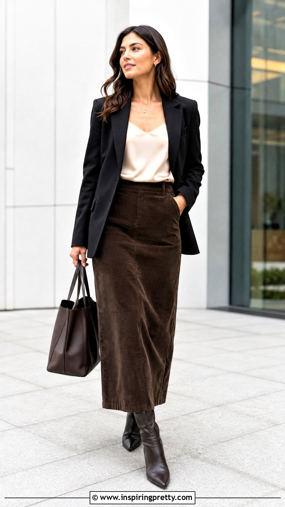 Camisole And Blazer With Corduroy Skirt Outfit - 25 tops to wear with corduroy skirts