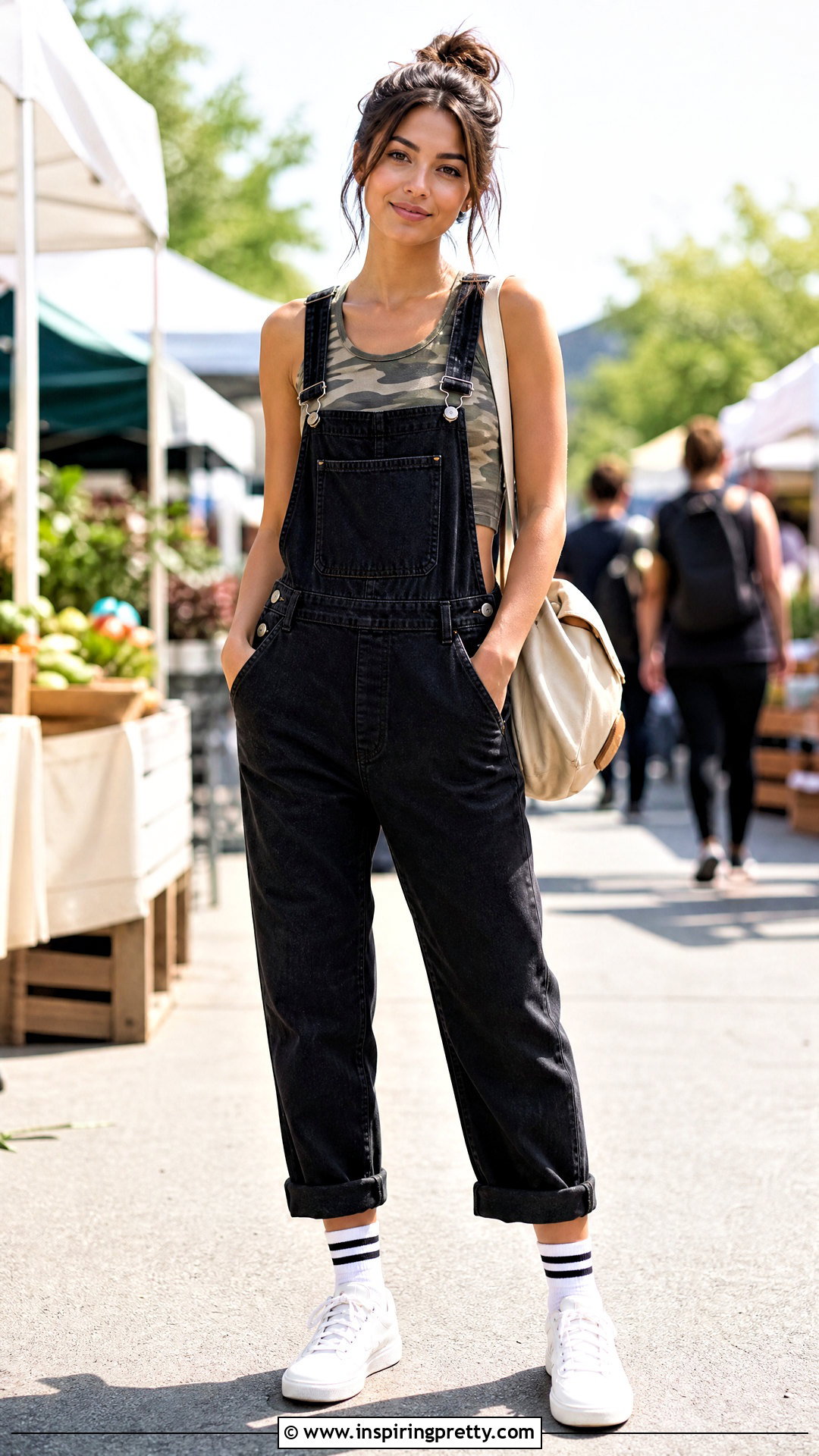Camo Crop Tank Top With Black Denim Overalls - 20 camo crop tank top outfit ideas