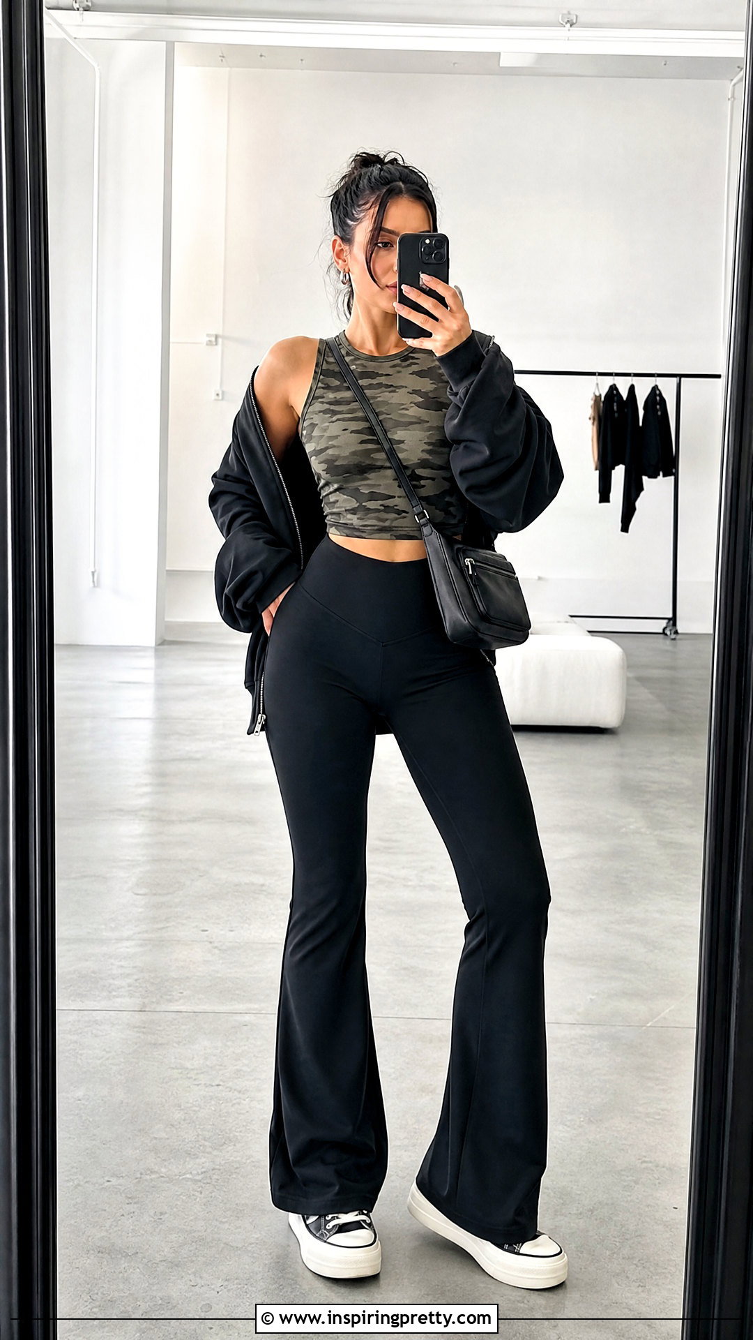 Camo Crop Tank Top With Black Flare Leggings - 20 camo crop tank top outfit ideas