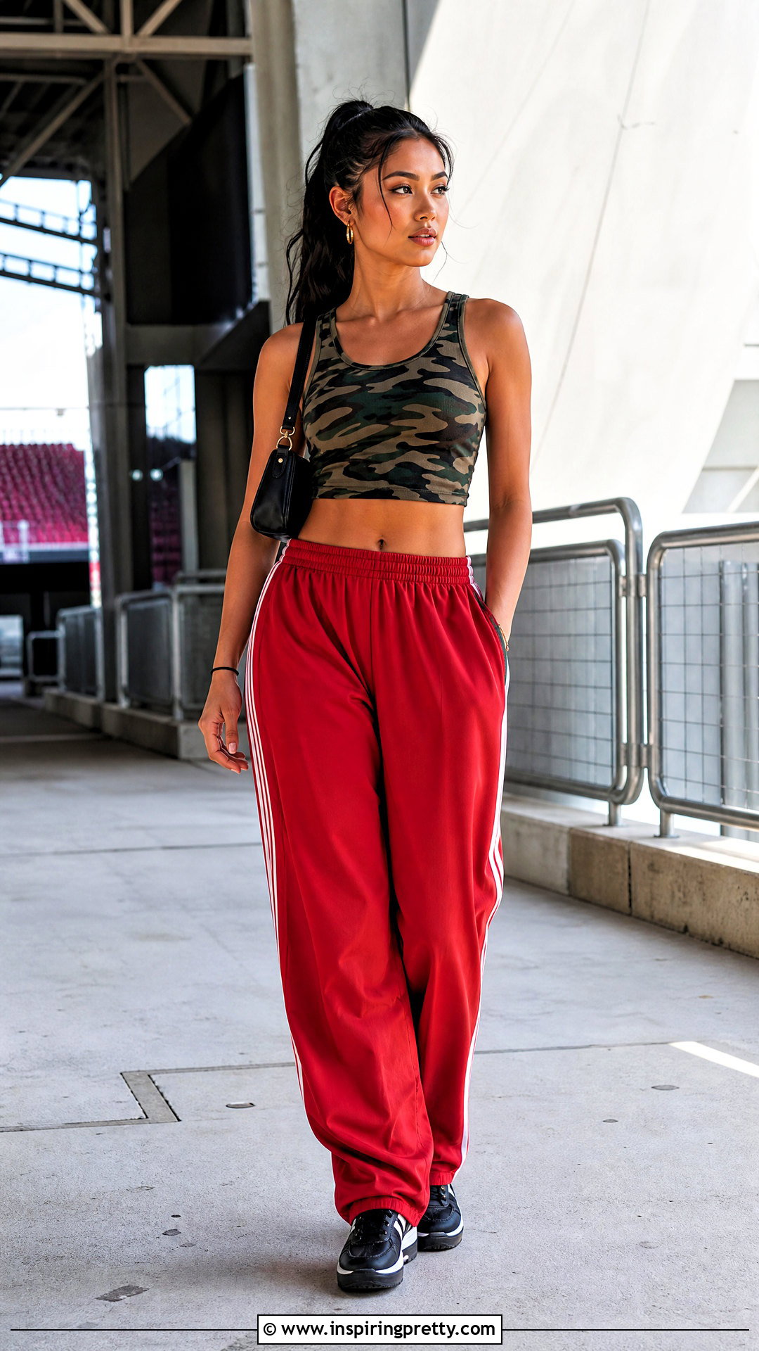 Camo Crop Tank Top With Red Track Pants - 20 camo crop tank top outfit ideas