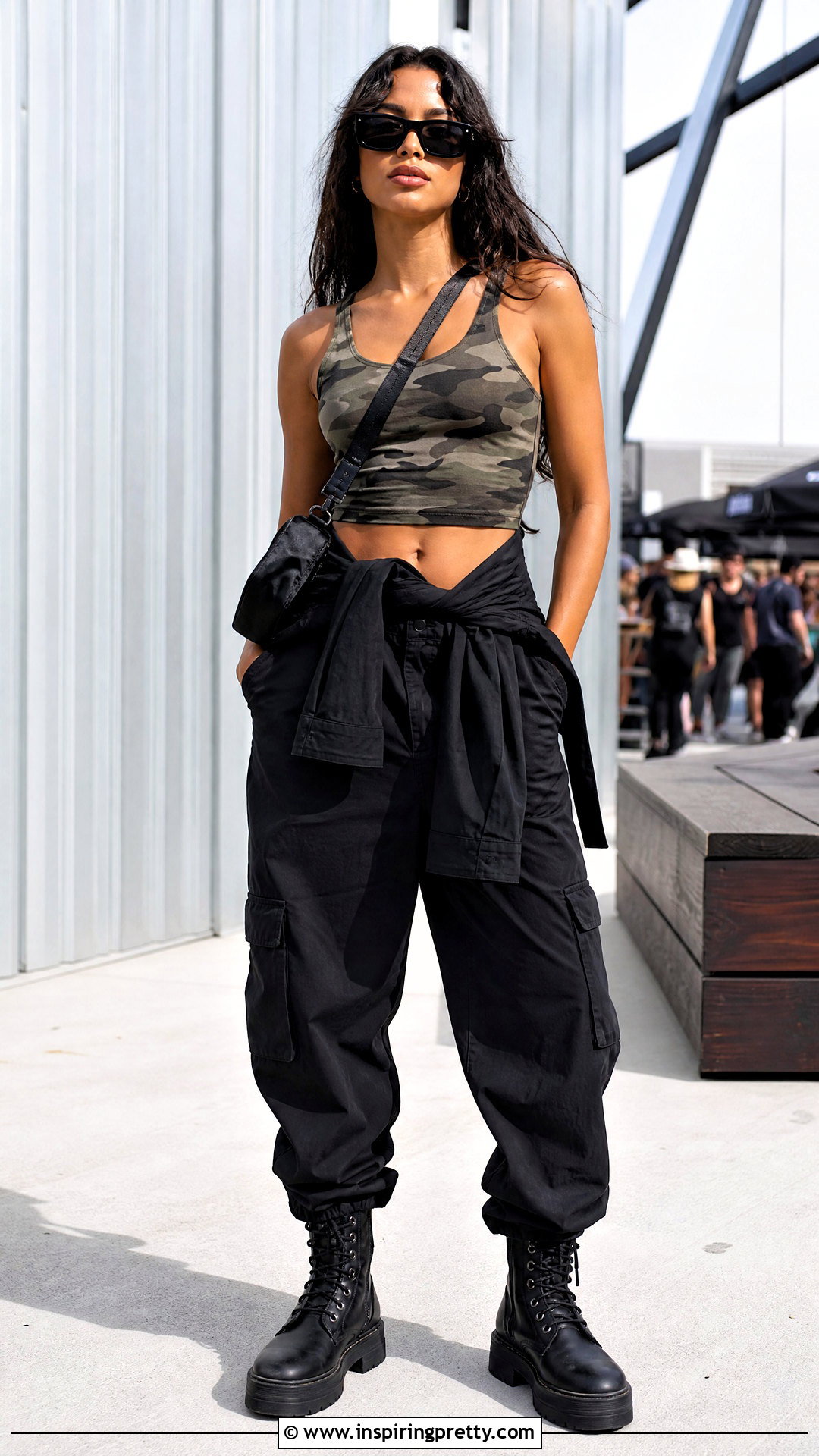 Camo Crop Tank Top With Utility Jumpsuit - 20 camo crop tank top outfit ideas