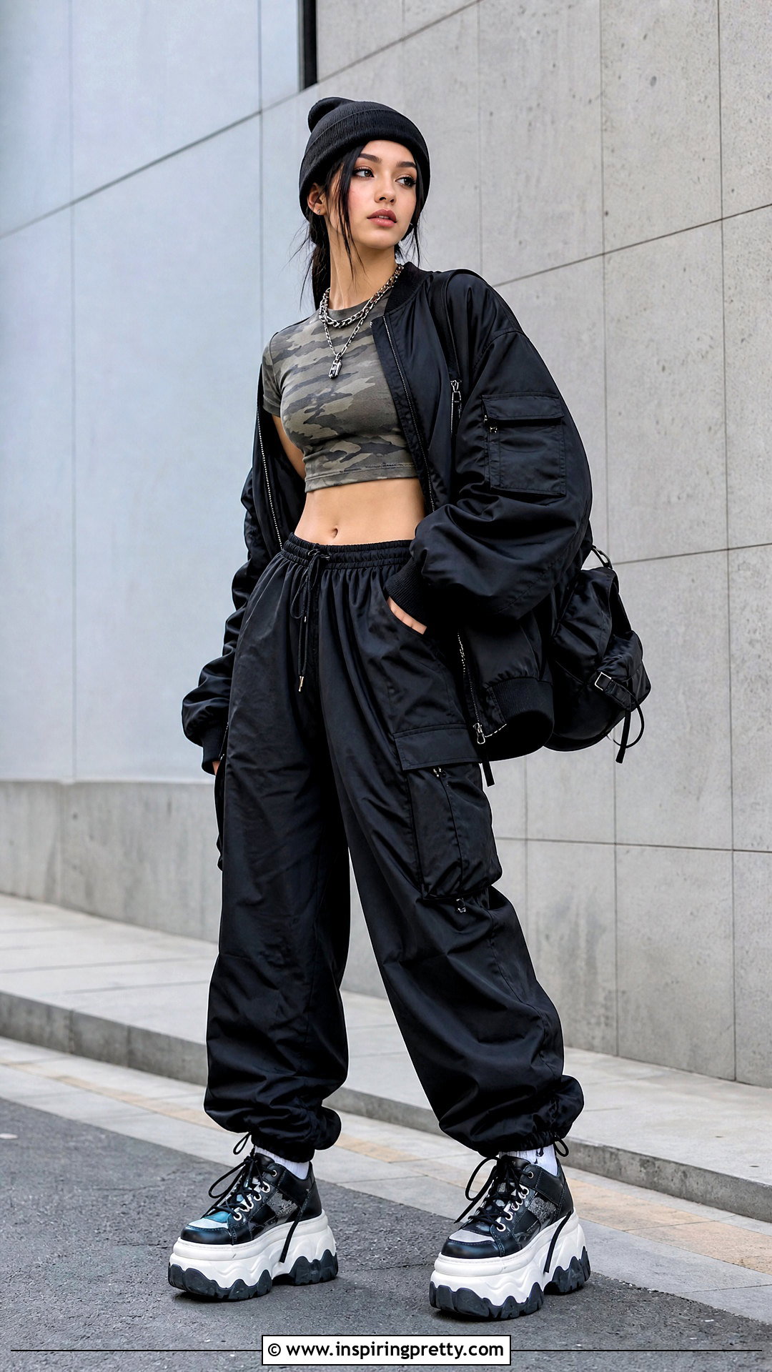 Camo Crop Top And Black Parachute Pants Outfit - 25 egirl crop top outfit ideas