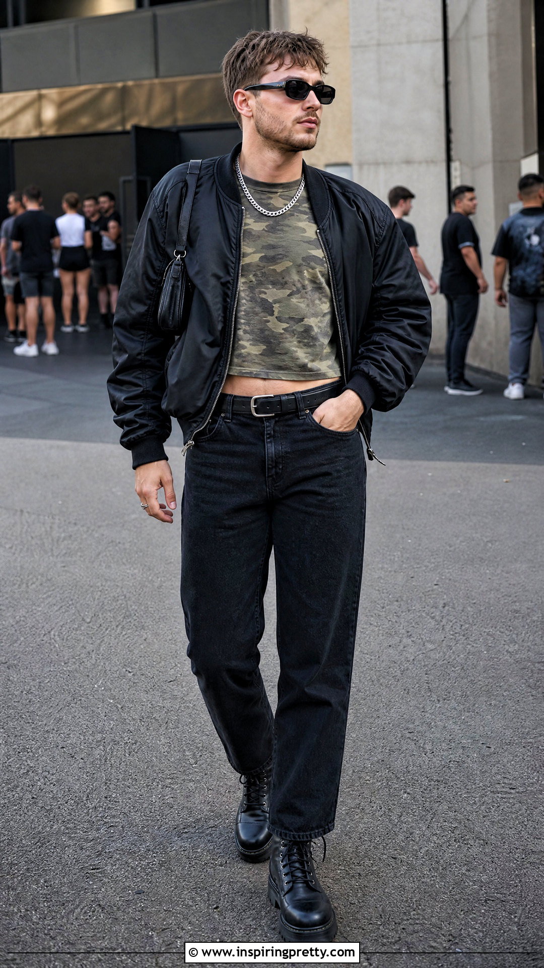 Camo Crop Top With Black Jeans - 50 male crop top outfit ideas