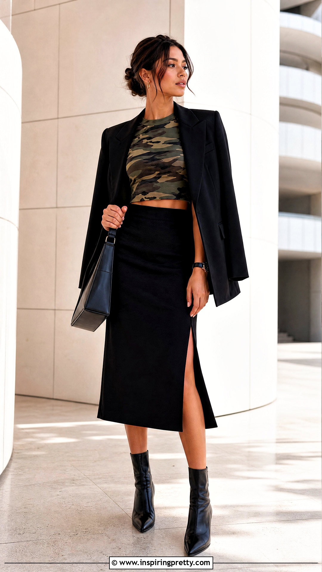 Camo Crop Top With Black Midi Skirt - 20 camo crop top fashion ideas