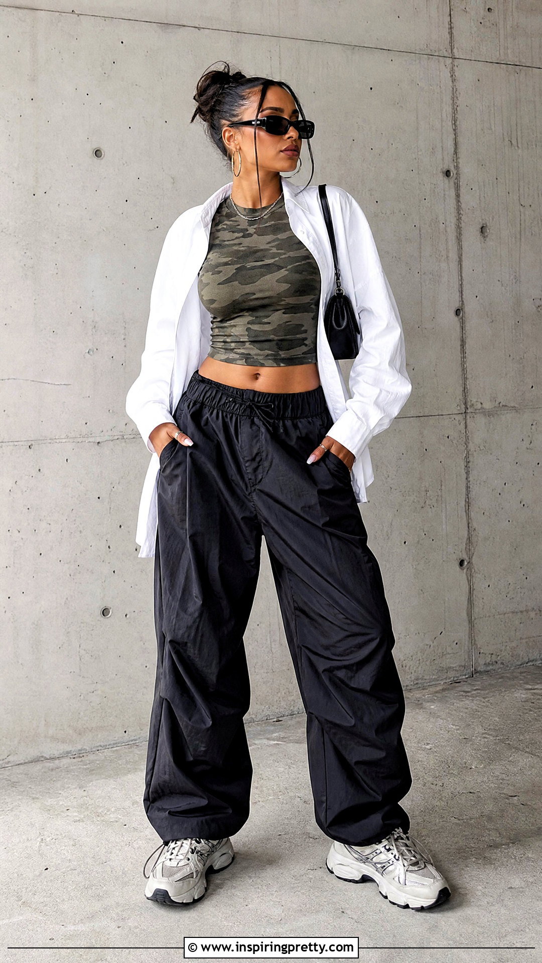 Camo Crop Top With Parachute Pants And Sneakers - 50 camo top outfit ideas