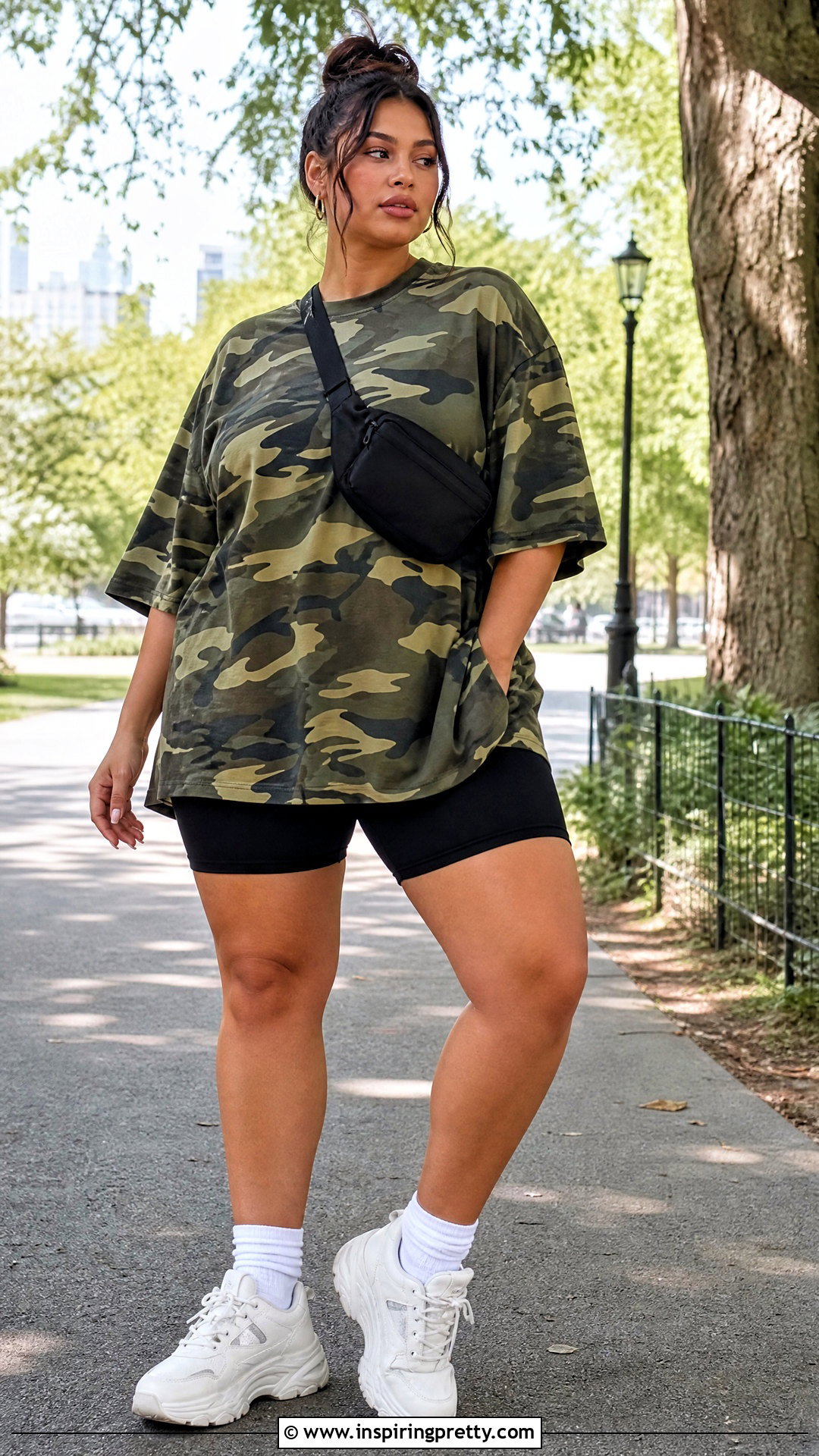 Camo Print Oversized T Shirt With Biker Shorts - 20 camo print casual top outfit ideas