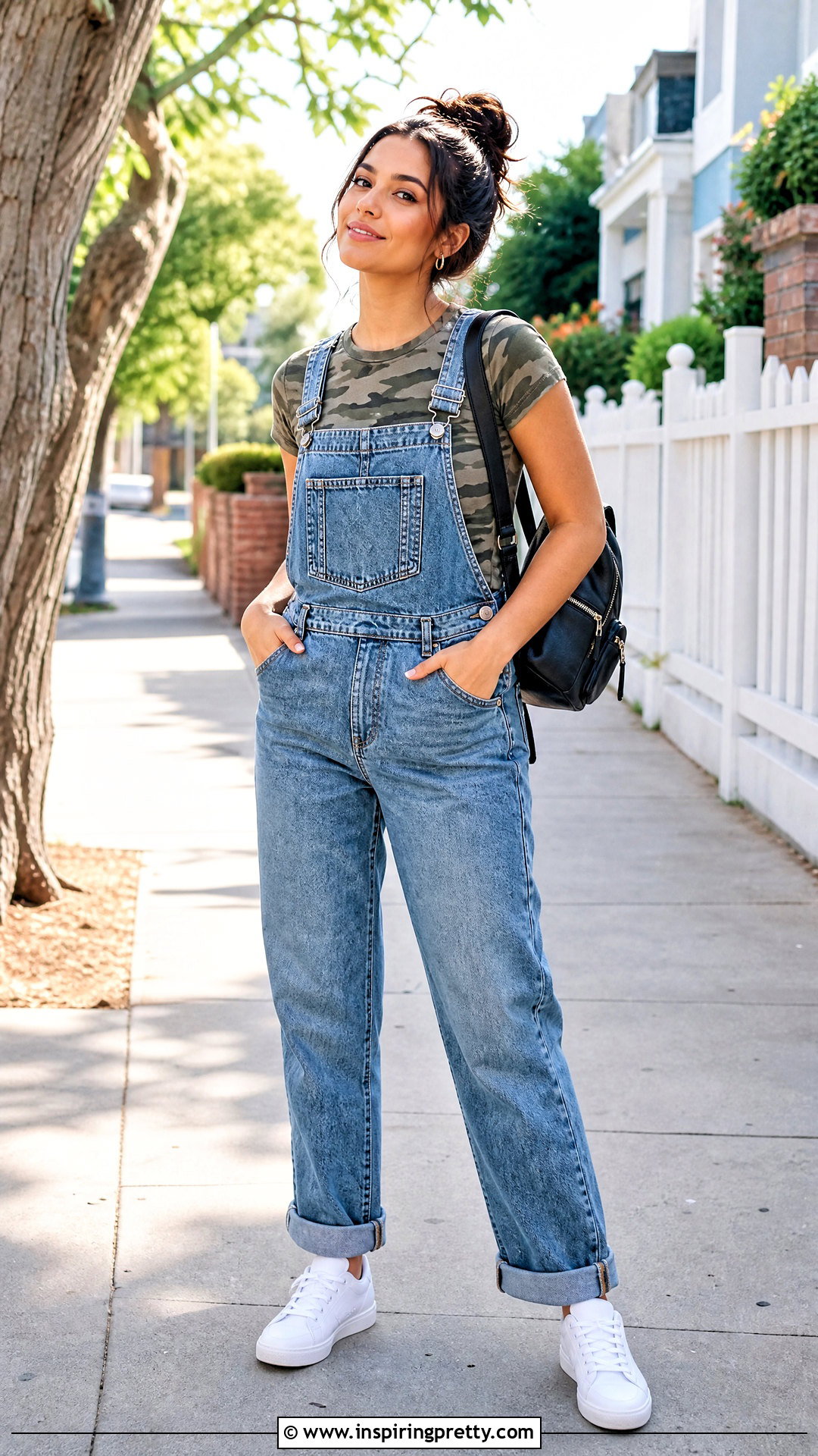 Camo Print T Shirt With Denim Overalls - 20 camo print casual top outfit ideas