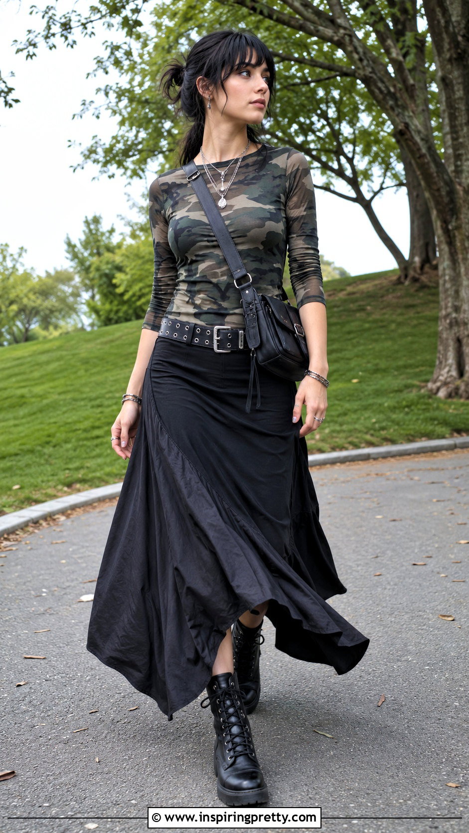 Camo Top With Black Maxi Skirt - 50 alt tops outfit ideas