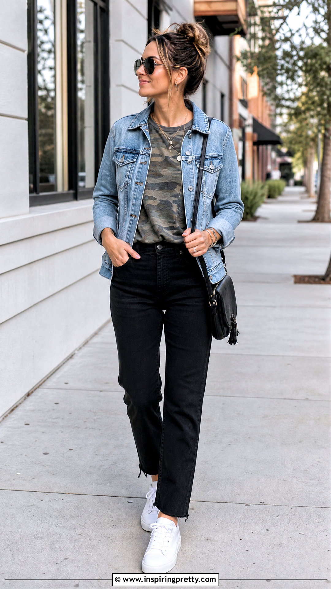 Camo Top With Denim Jacket And Black Jeans - 50 camo top outfit ideas