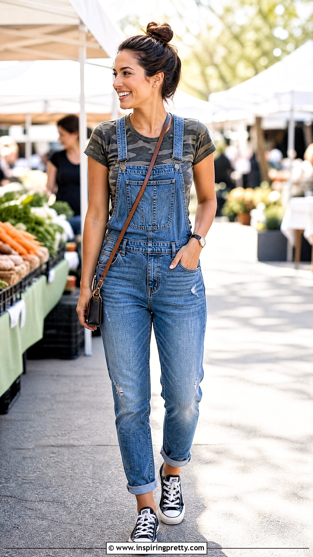 Camo Top With Denim Overalls And Canvas Sneakers - 50 camo top outfit ideas